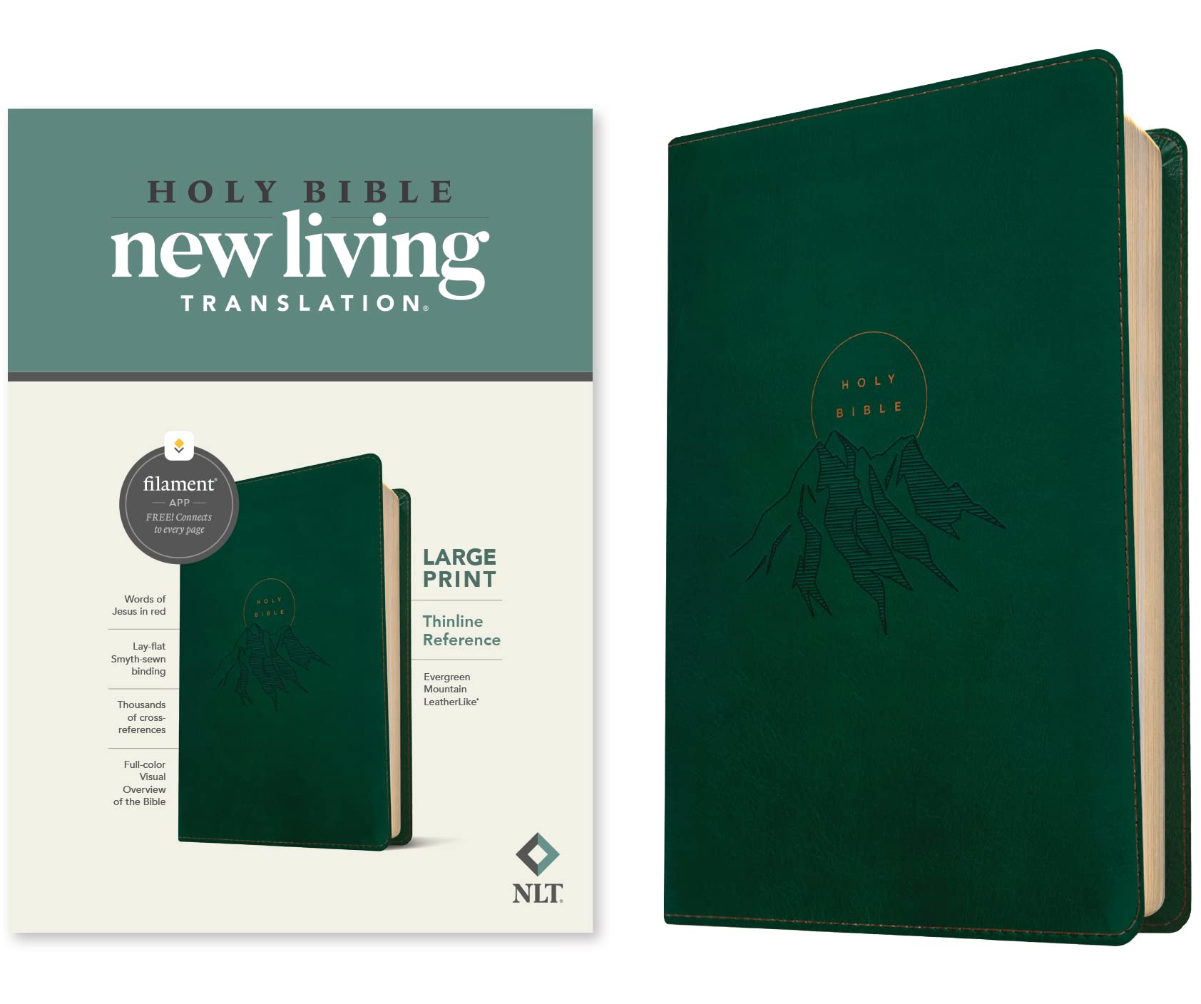 Holy Bible: New Living Translation, Evergreen Mountain, Leatherlike, Thinline Reference, Filament Enabled Religion & Esotericism