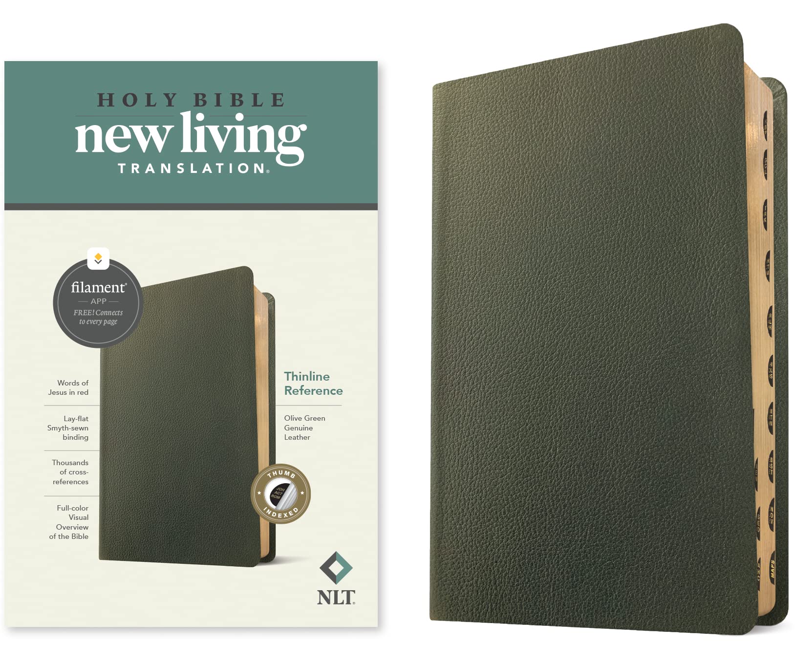 Holy Bible: New Living Translation, Olive Green, Genuine Leather, Thinline Reference Bible, Filament Enabled Edition: Red Letter Religion & Esotericism