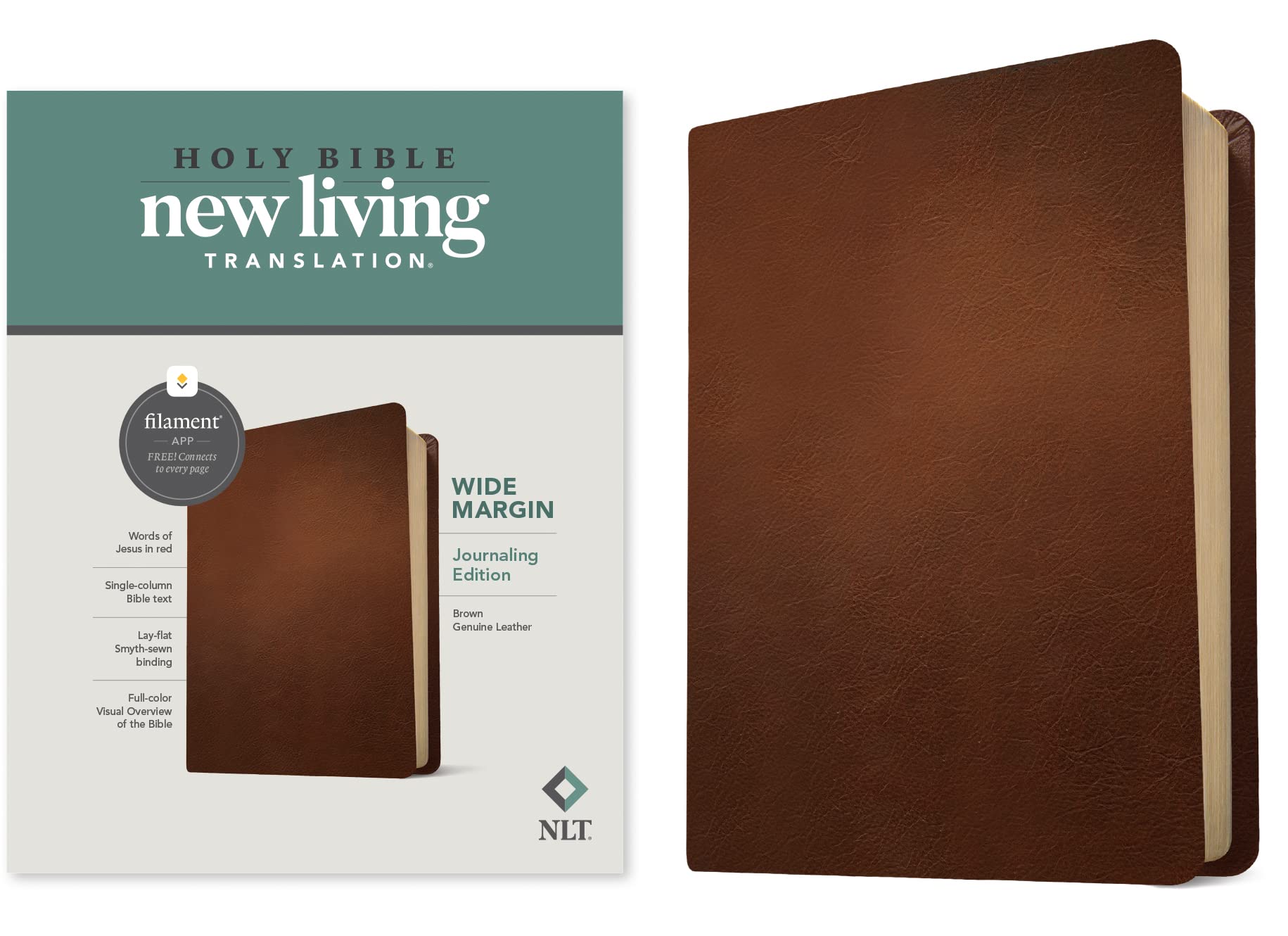 Holy Bible: New Living Translation, Brown, Genuine Leather, Wide Margin Bible, Filament Enabled Edition: Red Letter Media & Communication