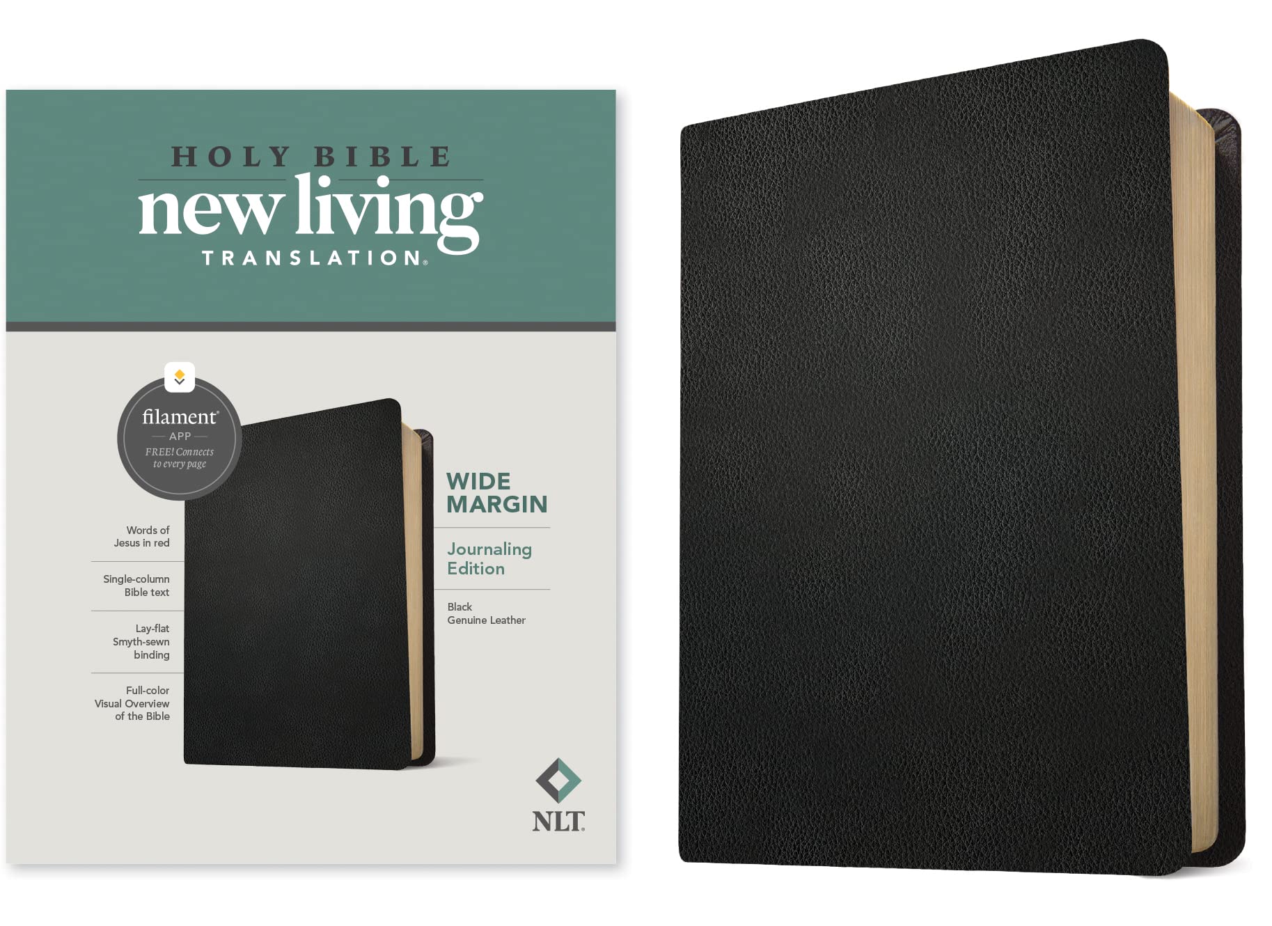 Holy Bible: New Living Translation, Black, Genuine Leather, Wide Margin Bible, Filament Enabled Edition, Red Letter Media & Communication