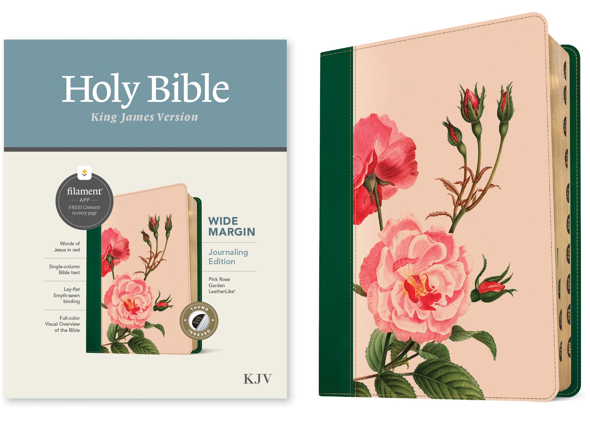 Holy Bible: KJV Wide Margin Bible, Filament Enabled Edition - Red Letter, Leatherlike, Pink Rose Garden, Indexed Media & Communication