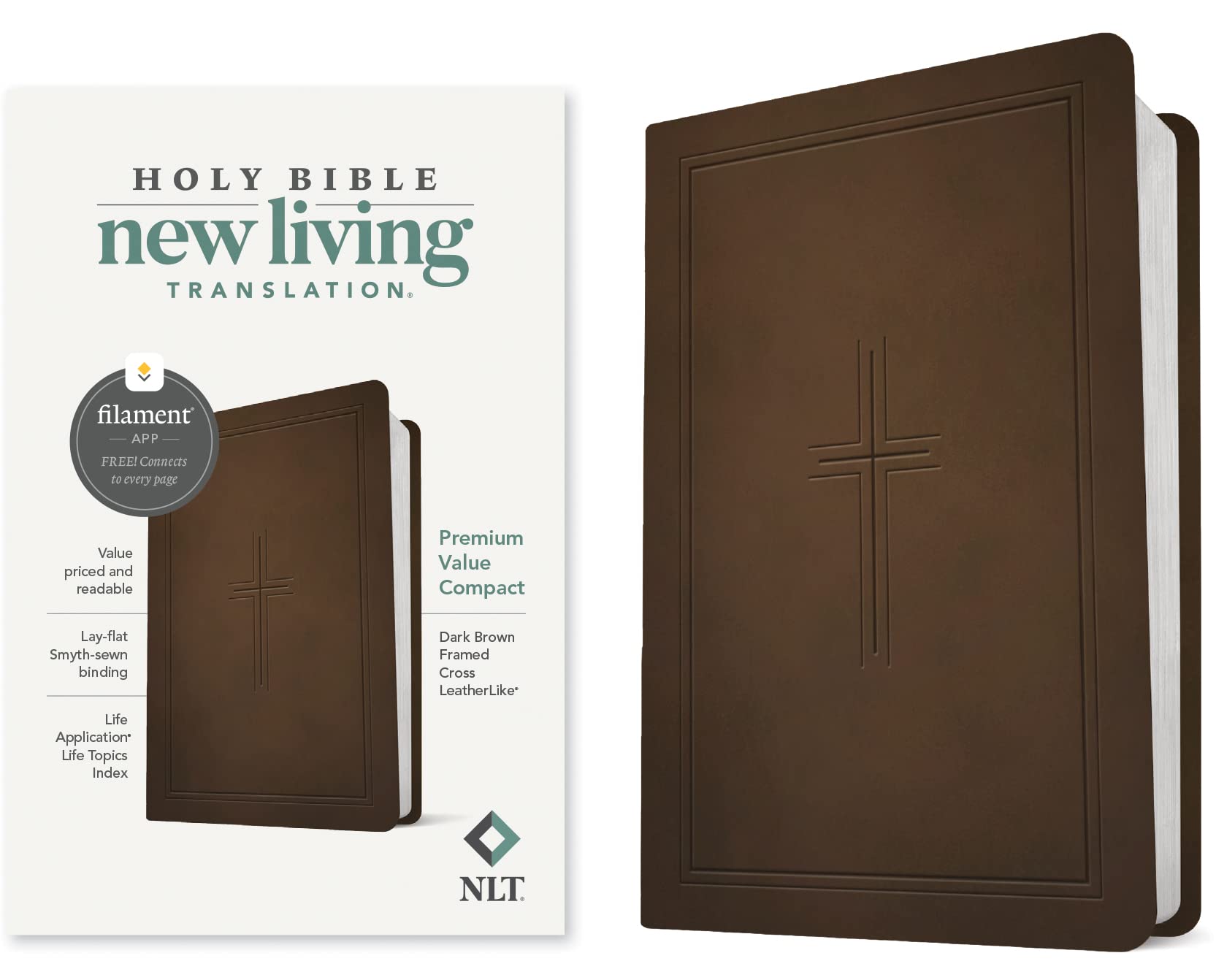 NLT Premium Value Compact Bible, Filament-Enabled Edition (Leatherlike, Dark Brown Framed Cross): New Living Translation, Dark Brown, Framed Cross LeatherLike, Premium Value Compact Religion & Esotericism