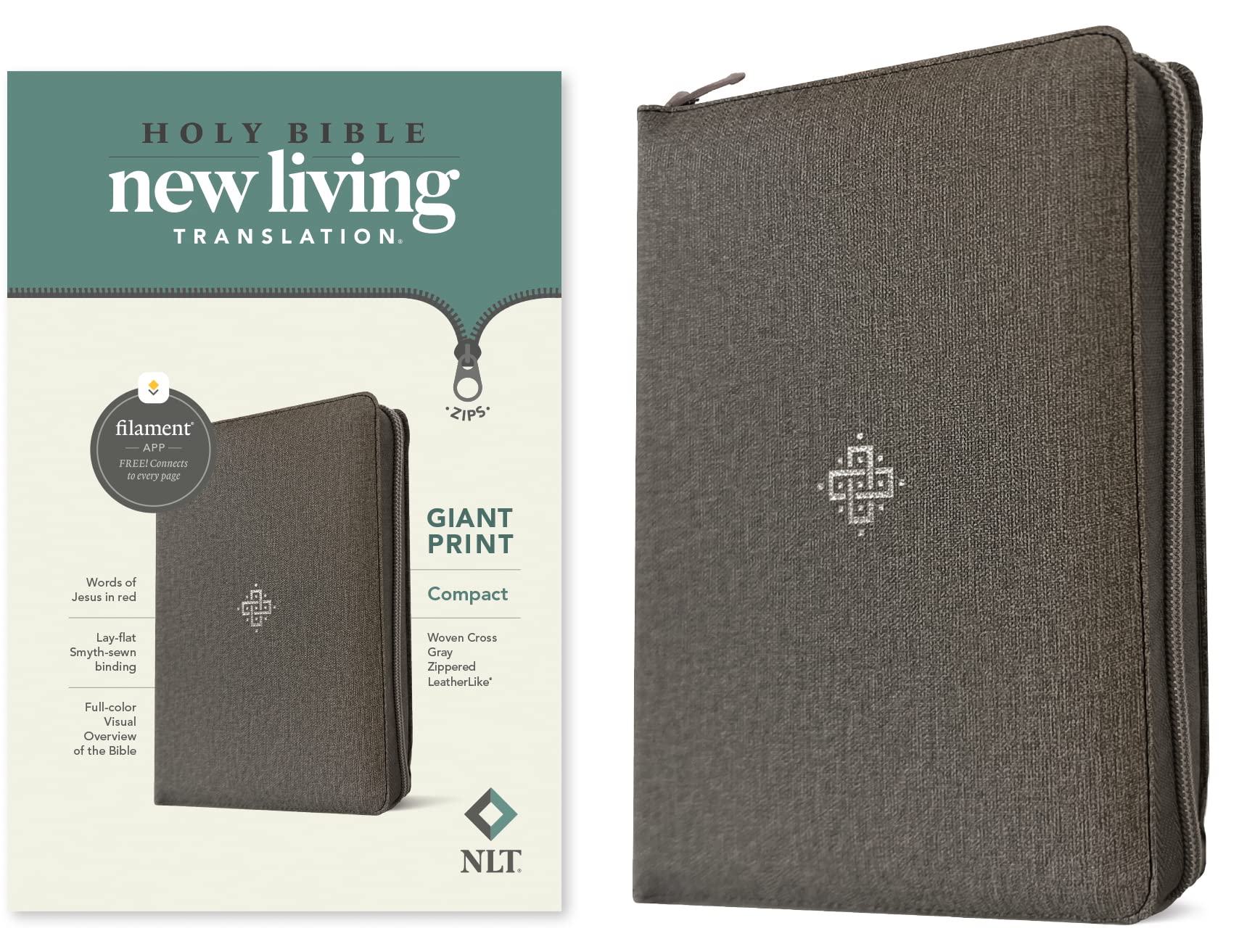 Holy Bible: New Living Translation, Woven Cross Gray, Zippered Leatherlike, Giant Print, Compact, Filament Religion & Esotericism