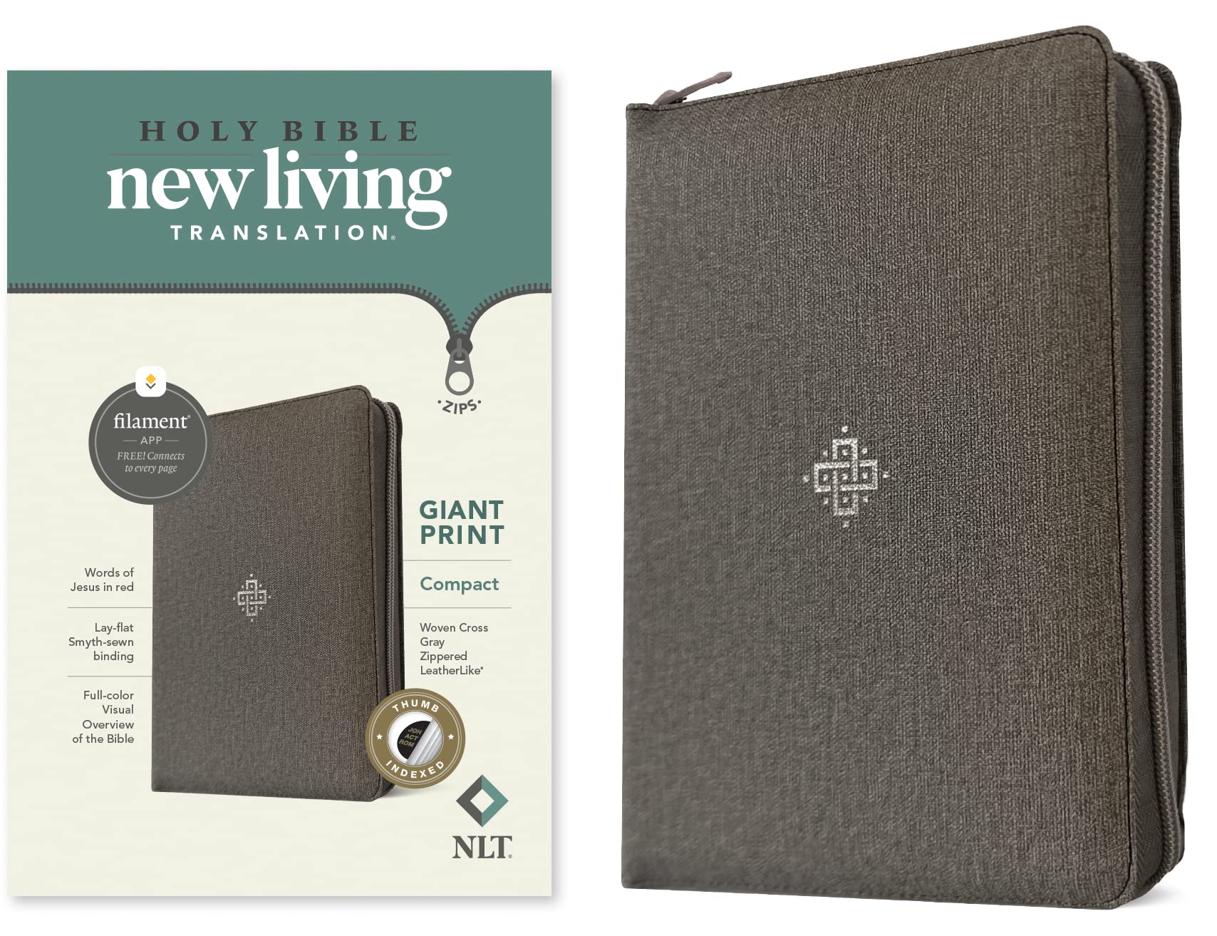Holy Bible: New Living Translation, Woven Cross Gray, Zipper, Leatherlike, Giant Print, Filament Religion & Esotericism