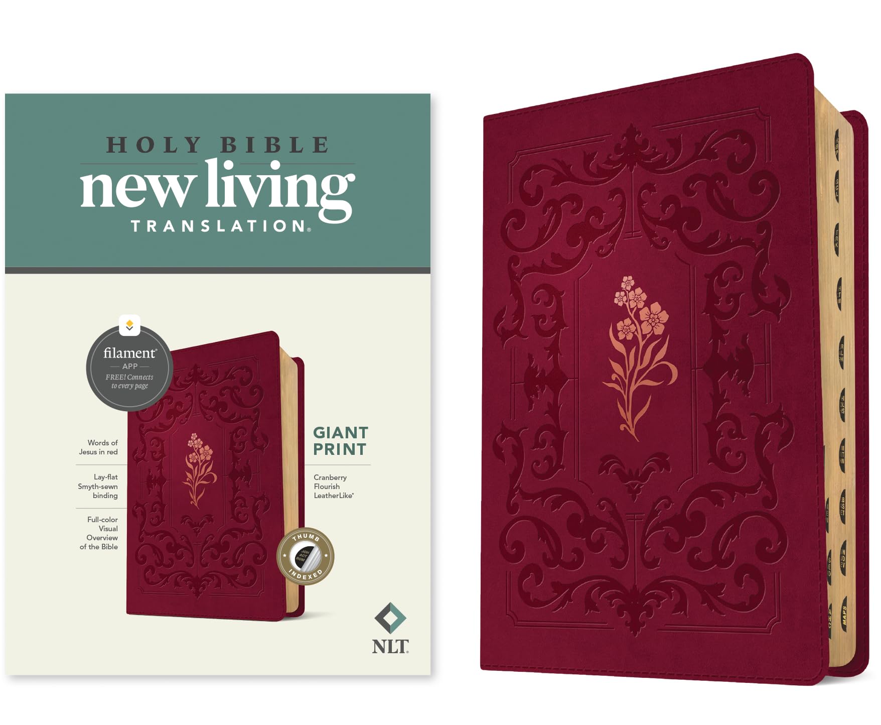 Holy Bible: New Living Translation, Cranberry Flourish, Leatherlike, Filament-Enabled Edition, Red Letter Religion & Esotericism