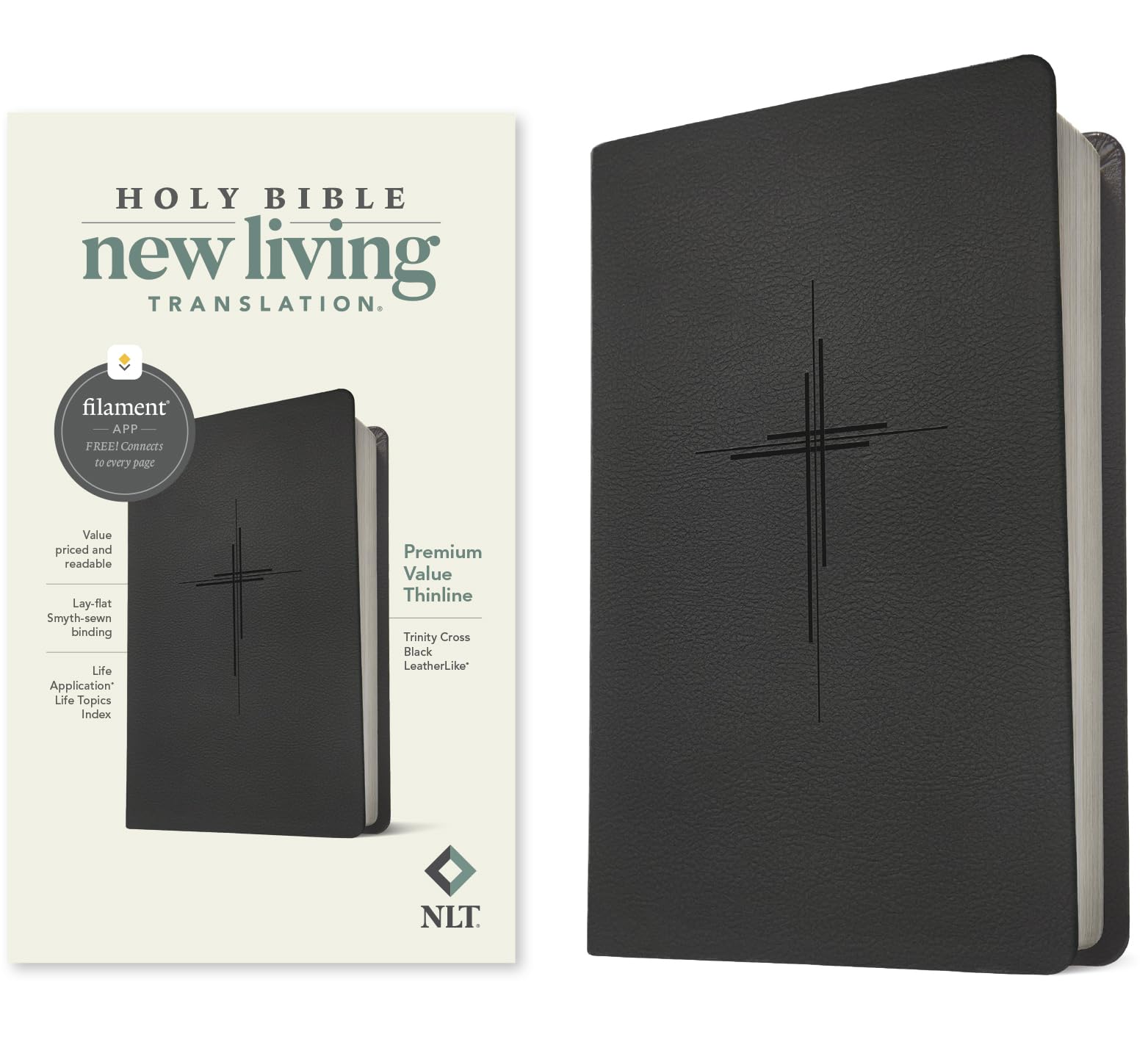 Holy Bible: New Living Translation, Trinity Cross Black, Leatherlike, Premium Value Thinline, Filament-Enabled Edition Religion & Esotericism