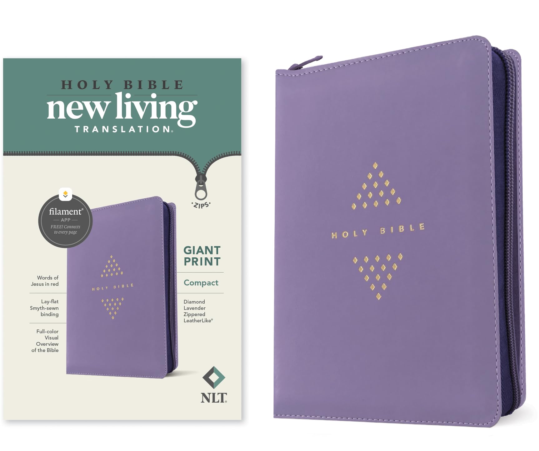 Holy Bible: New Living Translation, Diamond Lavender, Red Letter, Leatherlike,compact Giant Print, Filament-enabled Edition With Ribbon Marker and Zip Fastener Religion & Esotericism