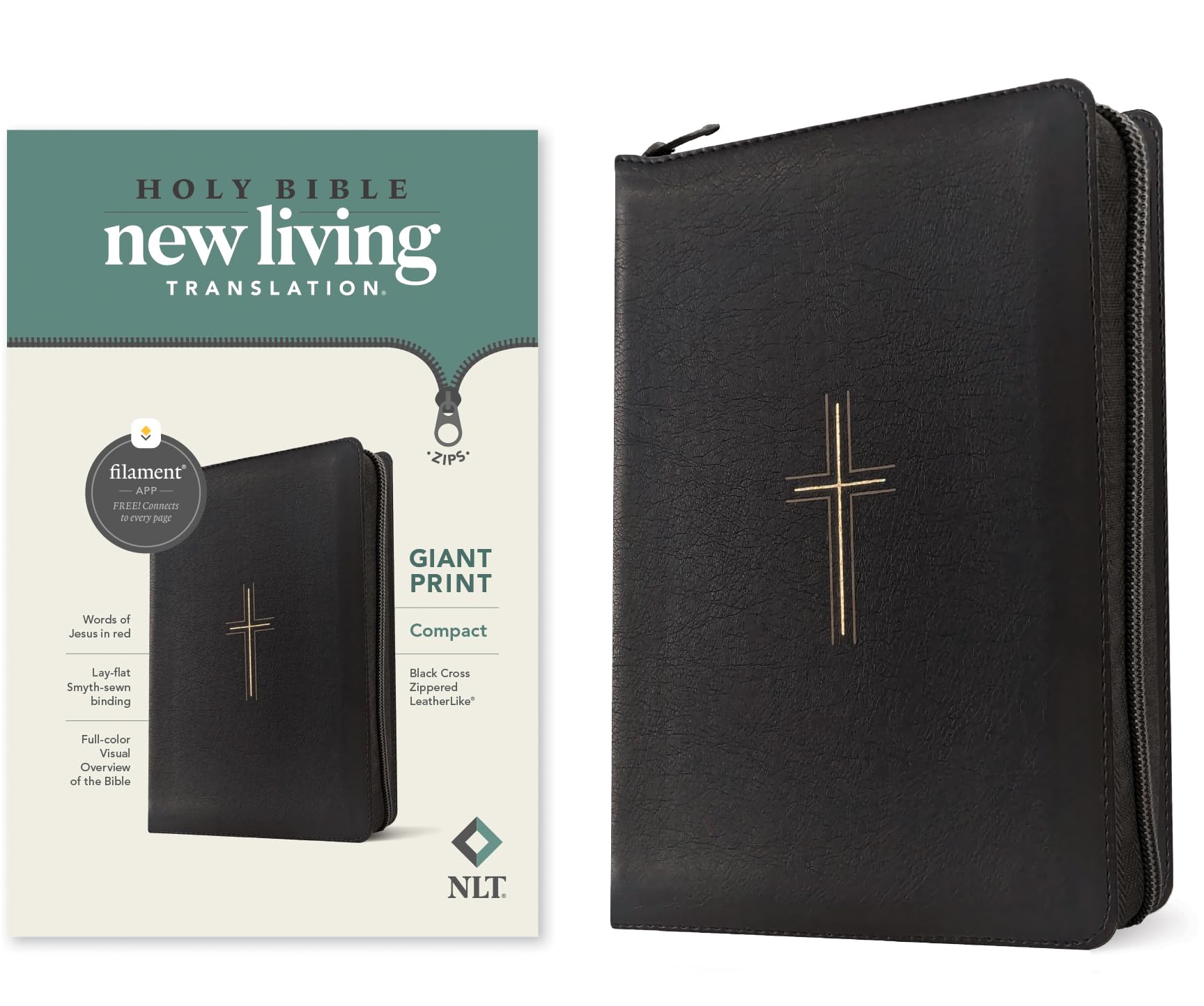 NLT Compact Giant Print Zipper Bible, Filament Enabled (Leatherlike, Black Cross, Red Letter) Religion & Esotericism