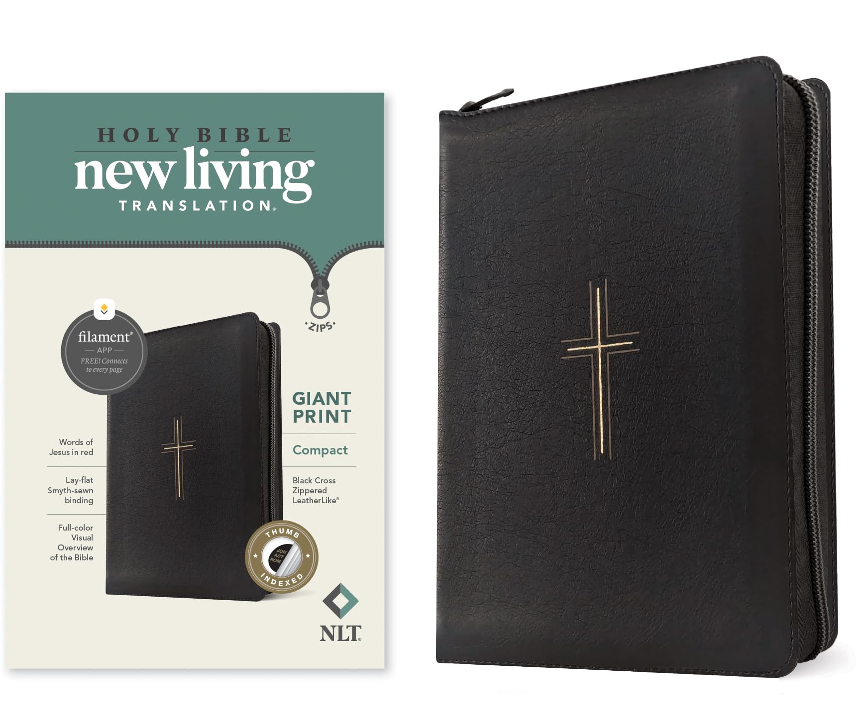 Holy Bible: New Living Translation, Black Cross, Leatherlike, Filament-enabled Edition, Compact Giant Print, Red Letter, With Thumb Index, Ribbon Marker and Zip Fastener Religion & Esotericism