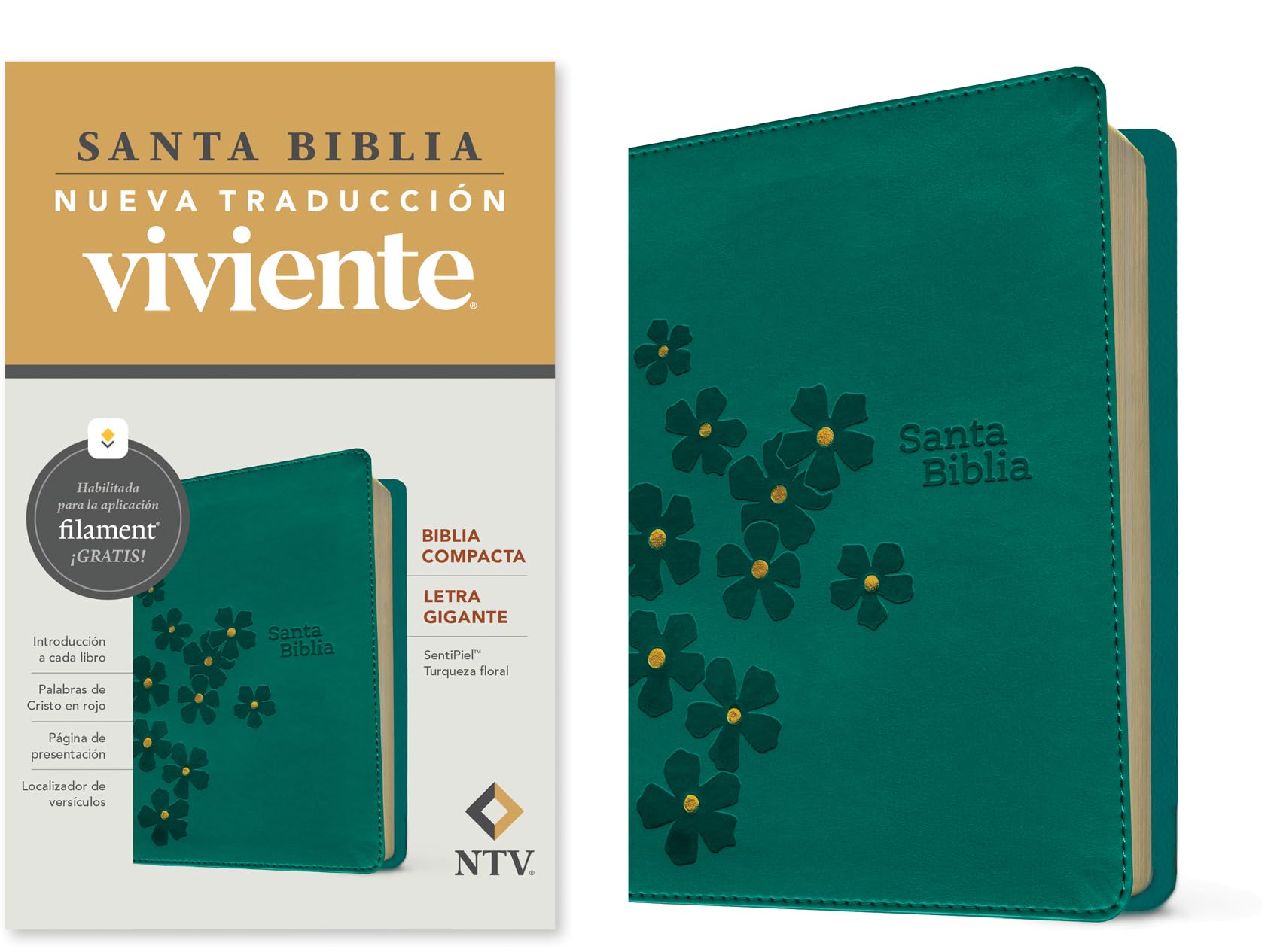 Biblia compacta NTV, letra gigante con Filament: Sentipiel, Turquesa Floral, Letra Roja With Ribbon Marker Religion & Esotericism