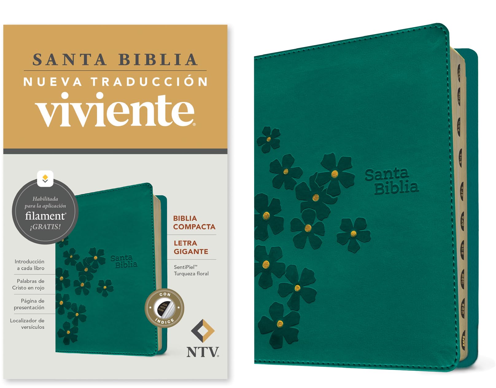 Biblia compacta NTV, letra gigante con Filament: Sentipiel, Turquesa Floral, Índice, Letra Roja Con Índice Pulgar, Con Marcador De Cinta Religion & Esotericism