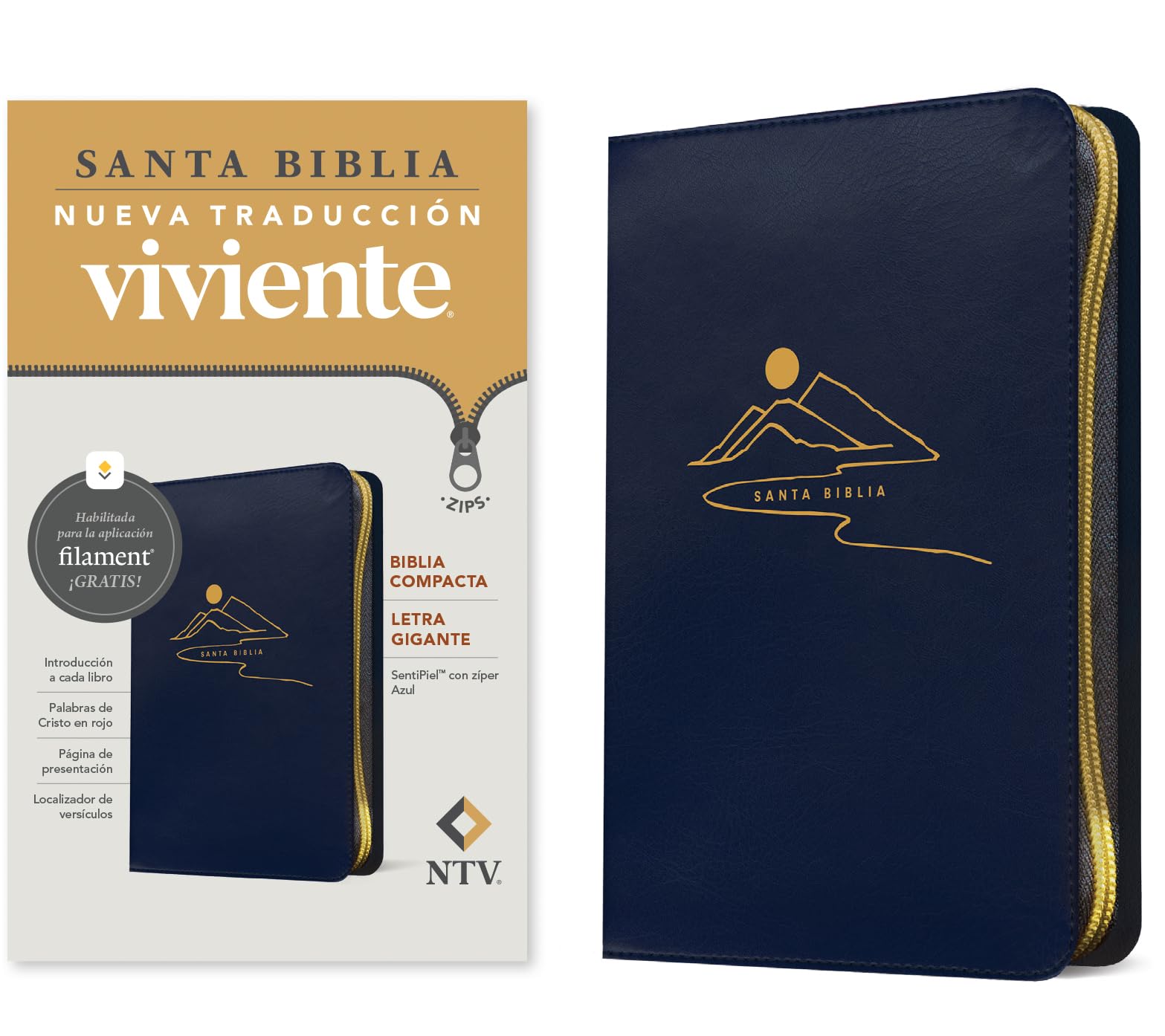 Biblia compacta NTV, letra gigante de zíper con Filament: Sentipiel, Azul, Letra Roja Religion & Esotericism
