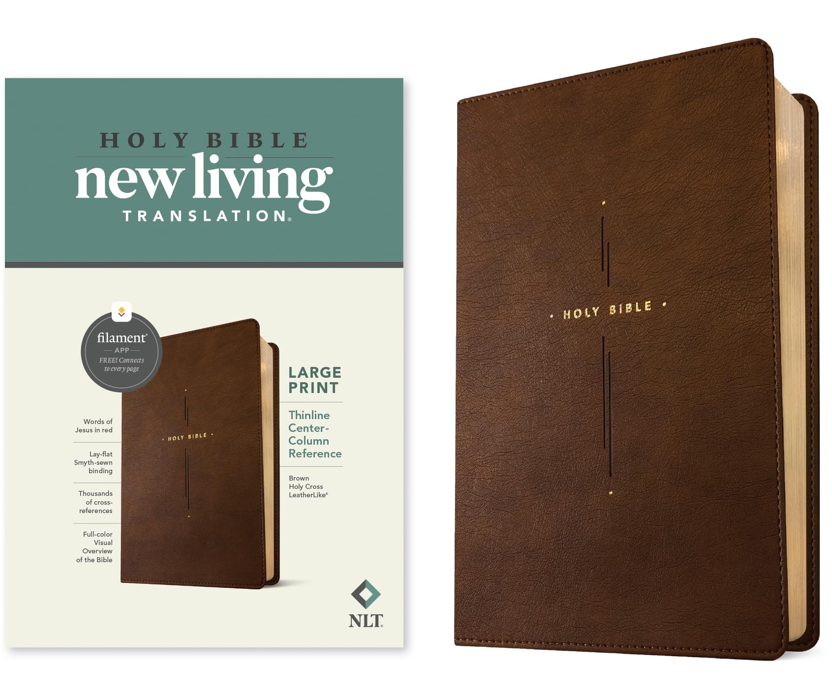 Holy Bible: New Living Translation, Brown Holy Cross, Leatherlike, Large Print Thinline Center-column Reference, Filament Enabled, Red Letter With Ribbon Marker Religion & Esotericism