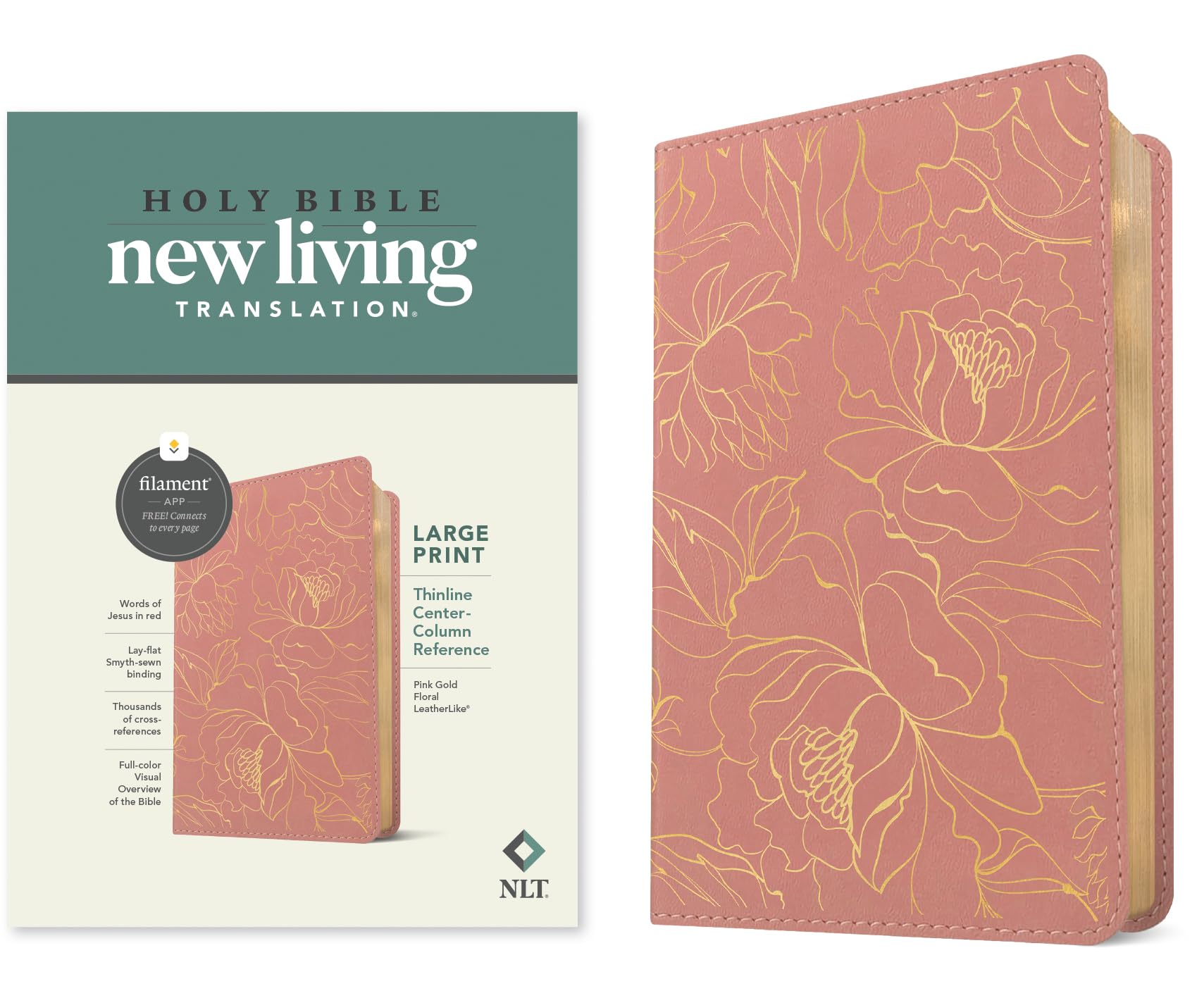 Holy Bible: New Living Translation, Pink Gold Floral, Leatherlike, Large Print Thinline Center-column Reference, Filament Enabled, Red Letter With Ribbon Marker Religion & Esotericism