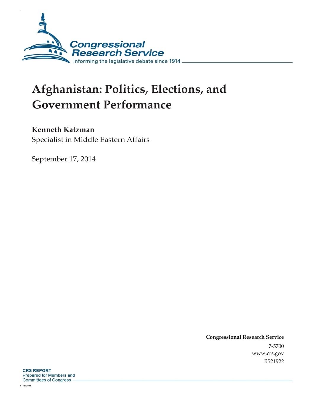 Afghanistan: Politics, Elections, and Government Performance (CRS Reports) Reference Books