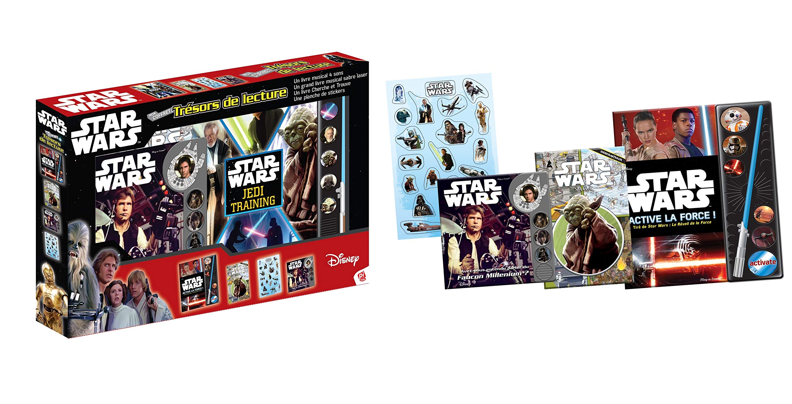 STAR WARS - MON COFFRET "LIS, TROUVE ET JOUE": Contient : 1 livre musical 4 sons, 1 grand livre musical sabre laser, 1 livre cherche et trouve, 1 planche de stickers Tiptoi & Games
