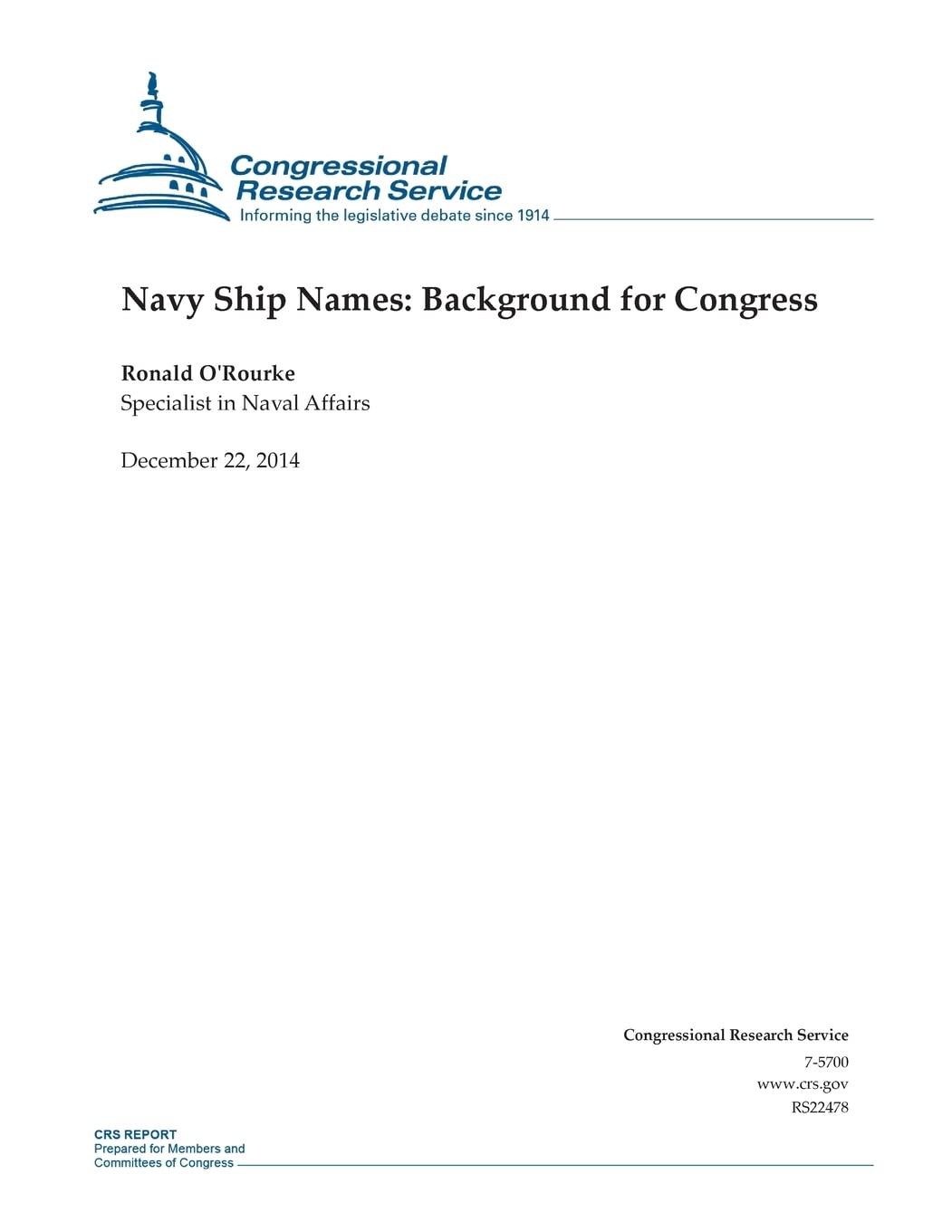 Navy Ship Names: Background for Congress (CRS Reports) Law