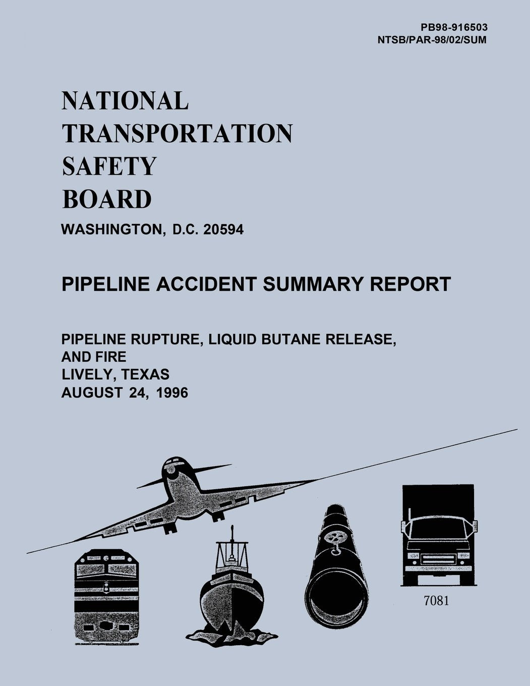 Pipeline Accident Summary Report: Pipeline Rupture, Liquid Butane Release, and Fire Lively, Texas August 24, 1996 (Pipeline Accident Reports) Reference Books