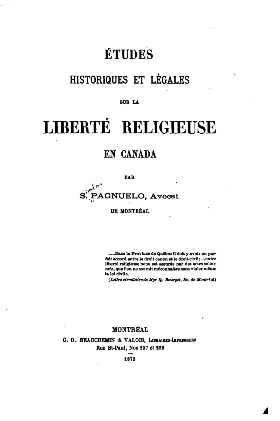 Études historiques et légales sur la liberté religieuse en Canada (1872) Law