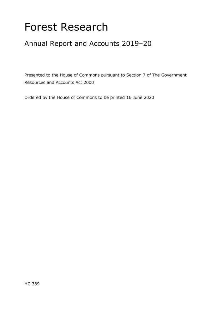Forest Research Annual Report and Accounts 2019-20 (House of Commons Paper) HC 389 Books