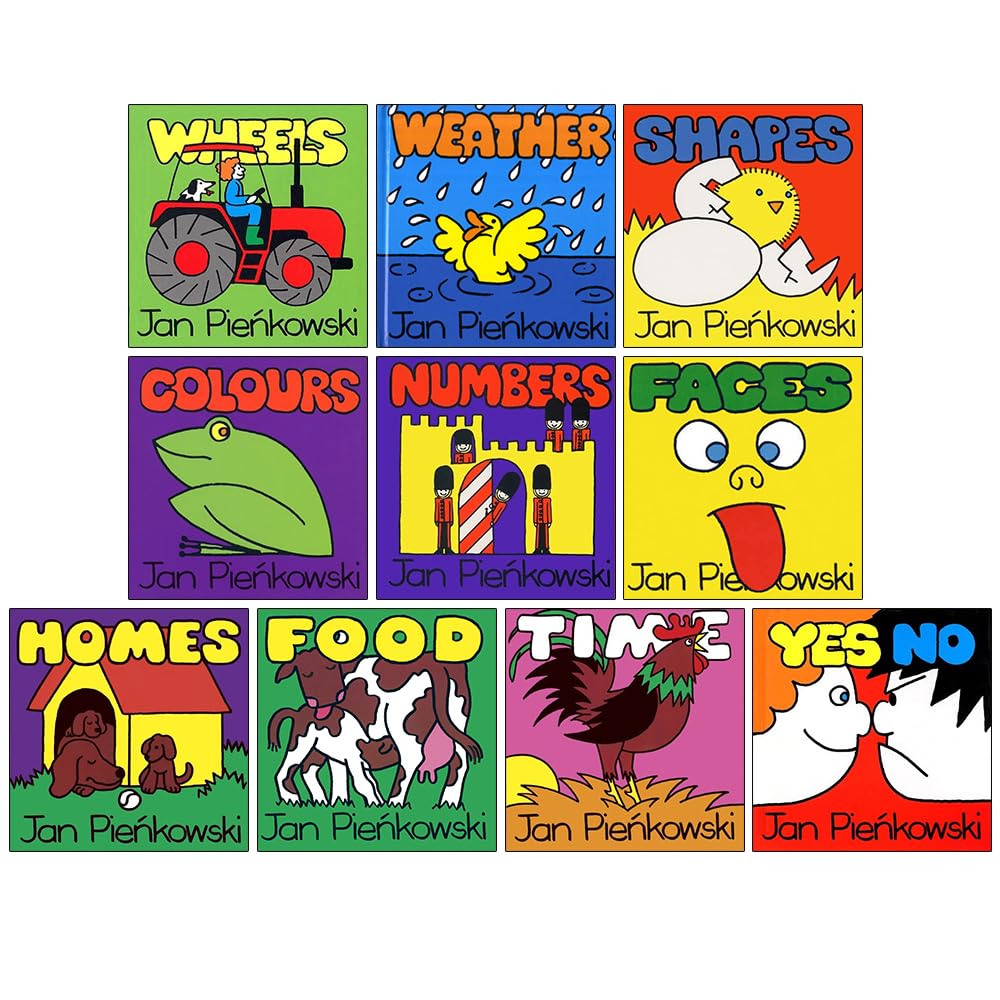 Jan Pienkowski 10 Books Children Collection Set (Wheels, Weather, Shapes, Colours, Numbers, Faces, Homes, Food, Time & Yes No) Books