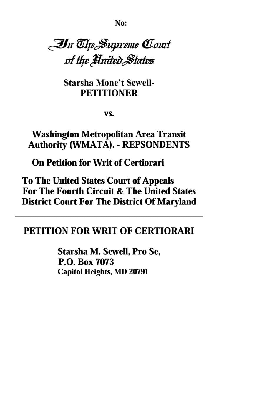 Sewell Versus WMATA On Petition for Writ of Certiorari Learning & Reference