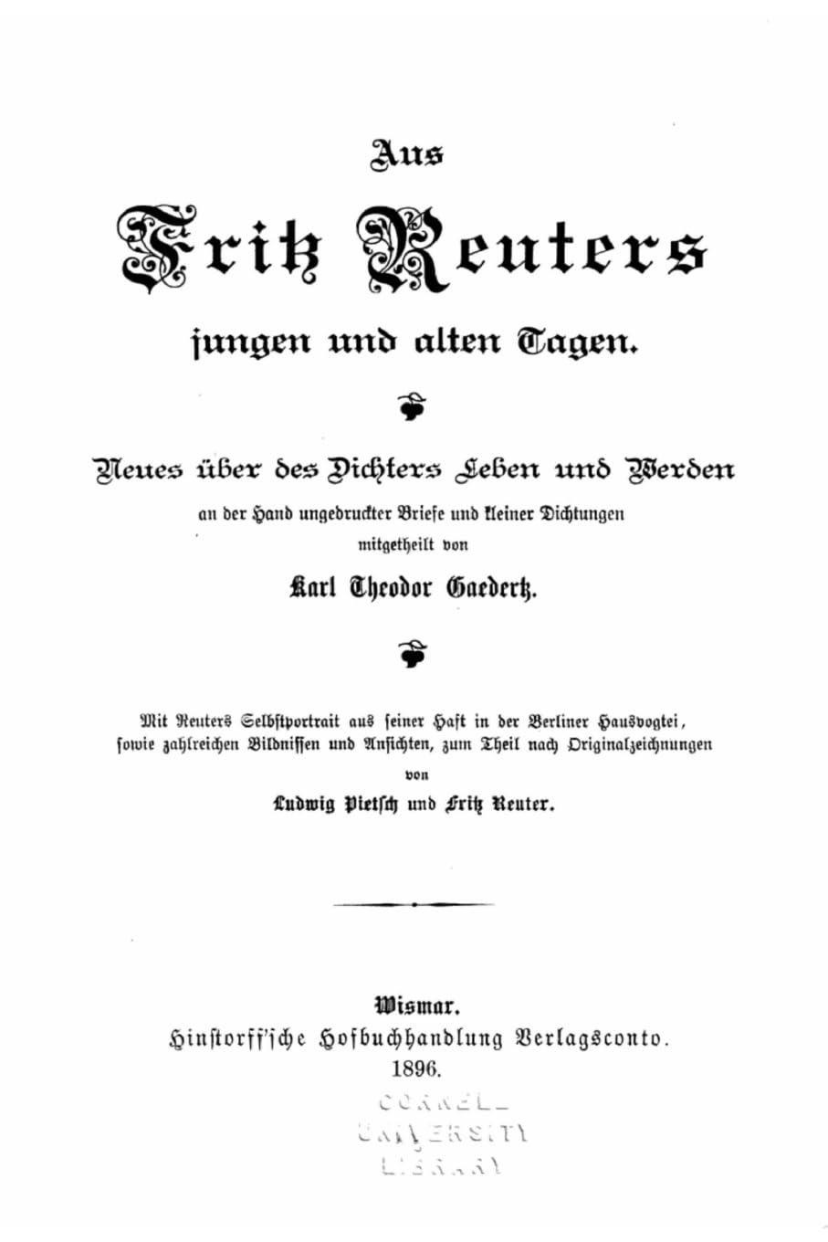 Aus Fritz Reuters jungen und alten Tagen Memories