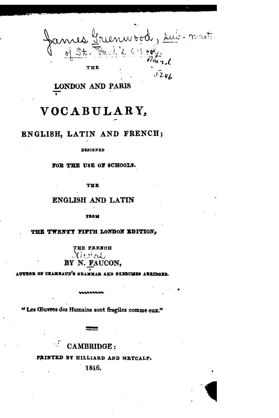 The London and Paris Vocabulary, English, Latin and French Contemporary literature