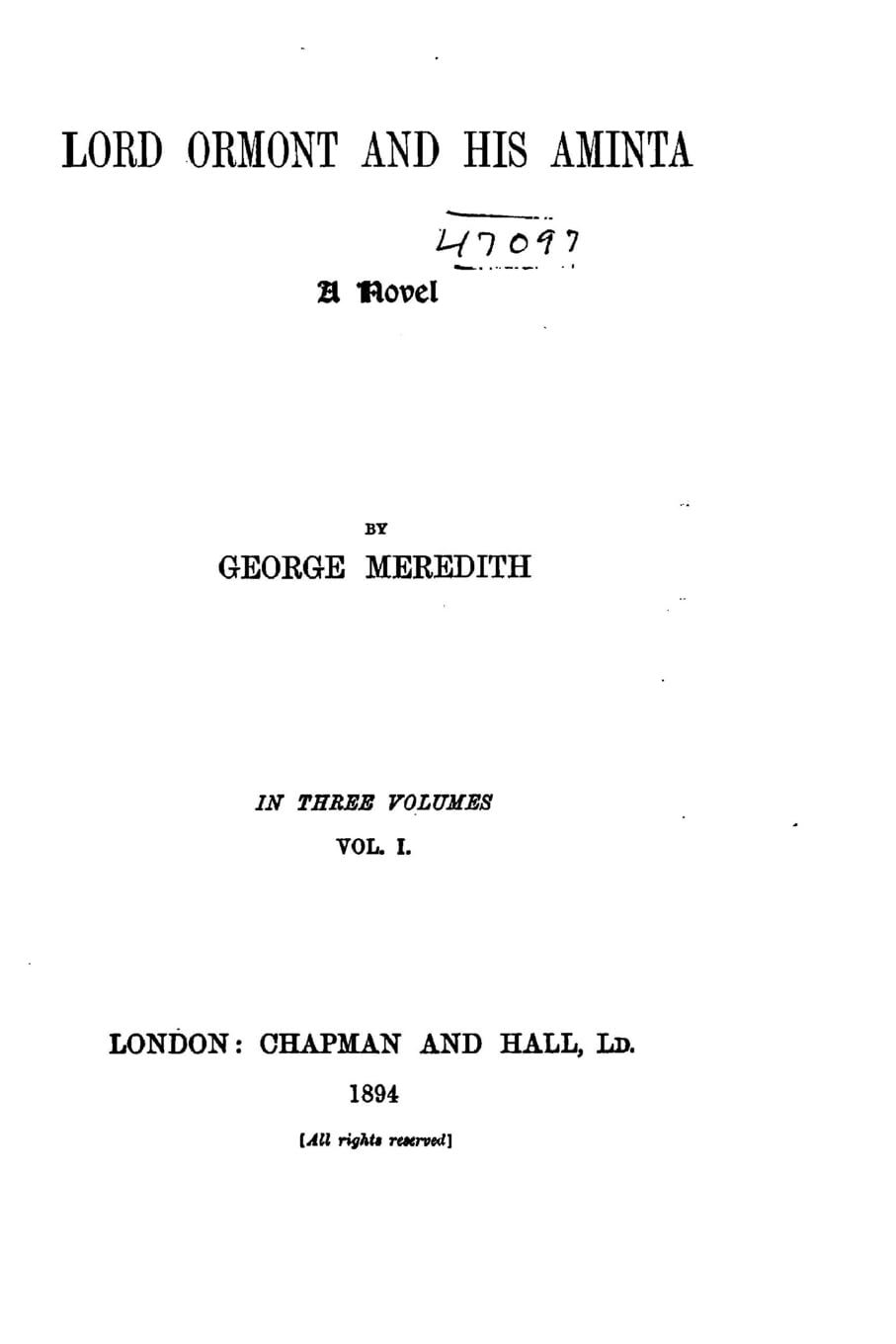 Lord Ormont and His Aminta, a Novel - Vol. I Contemporary literature