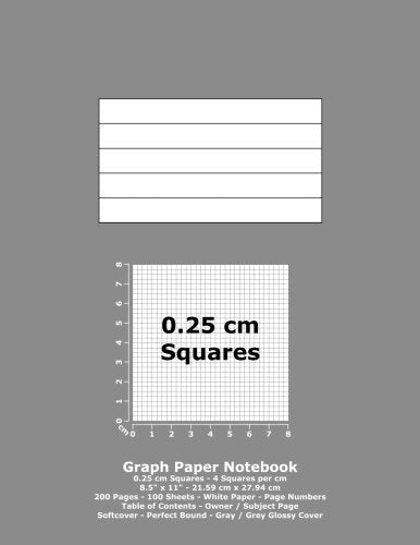 Graph Paper Notebook: 0.25 cm Squares - 8.5" x 11" - 21.59 cm x 27.94 cm - 200 Pages - 100 Sheets - White Paper - Page Numbers - Table of Contents - Gray / Grey Glossy Cover Books