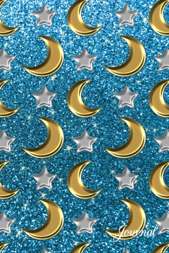 Journal: Faux sky blue glitter silver stars gold moons notebook Essays & Short Stories