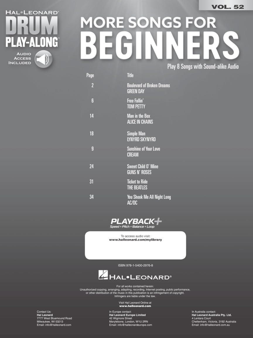 More Songs for Beginners: Drum Play-Along Volume 52: Includes Downloadable Audio (Hal Leonard Drum Play-Along, 52, Band 52) Media & Communication