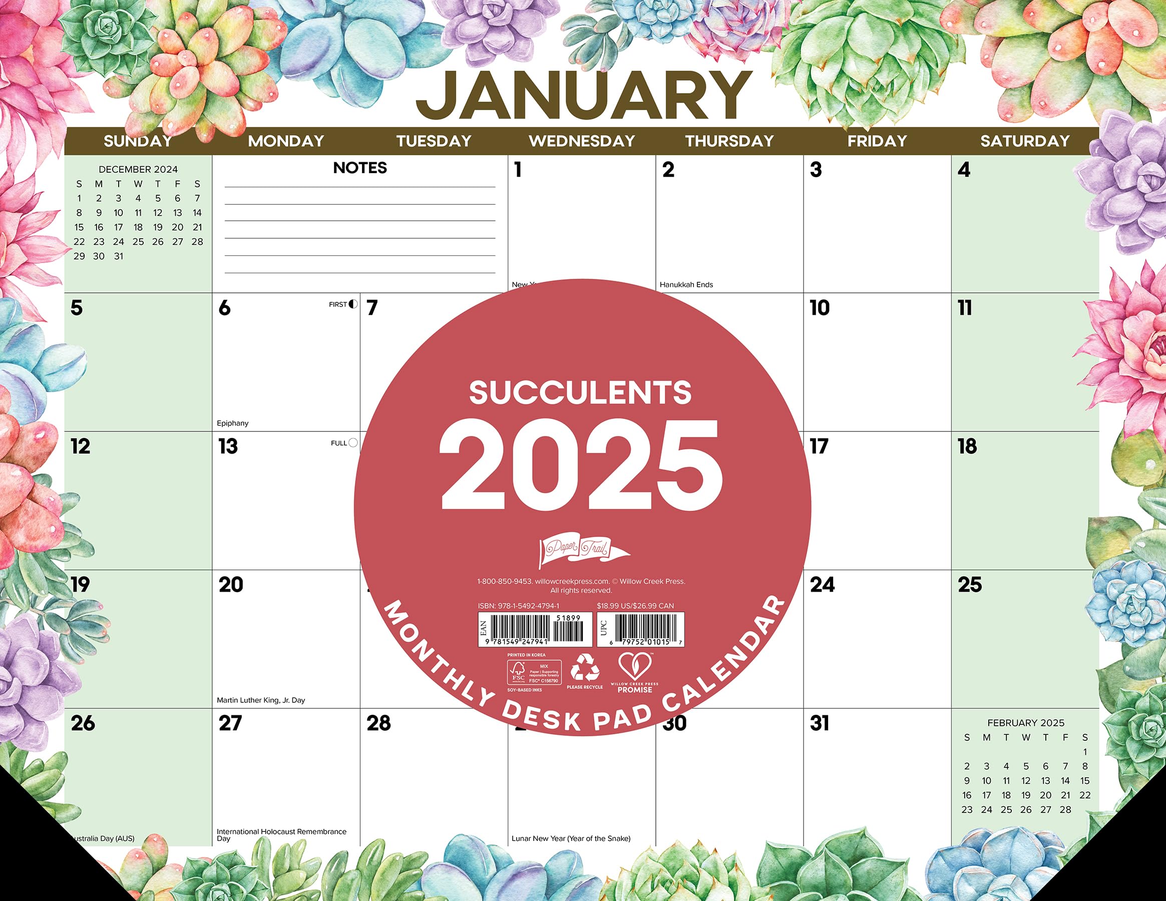Succulents 2025 22 X 17 Large Monthly Deskpad Film, Art & Culture