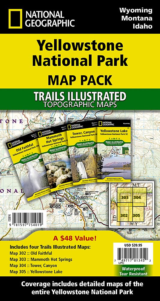 National Geographic Trails Illustrated Map Yellowstone National Park Map Pack, 4 maps: Topographic Trail Maps. Old Faithful; Mammoth Hot Springs; ... Yellowstone Lake. Waterproof, tear-resistant Learning & Reference