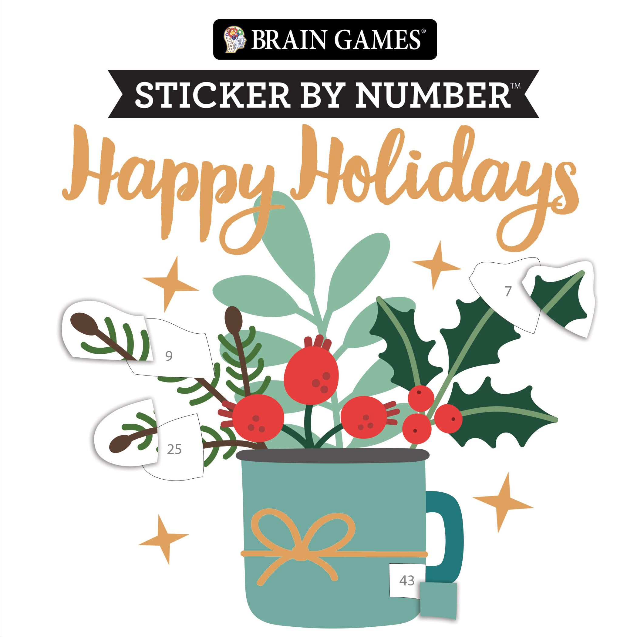 Brain Games - Sticker by Number Compact Edition: Happy Holidays 7x7 Inches Christmas Stocking Stuffer, Travel Size Activity Book for Adults & Kids 7+ Hobbies & Crafts