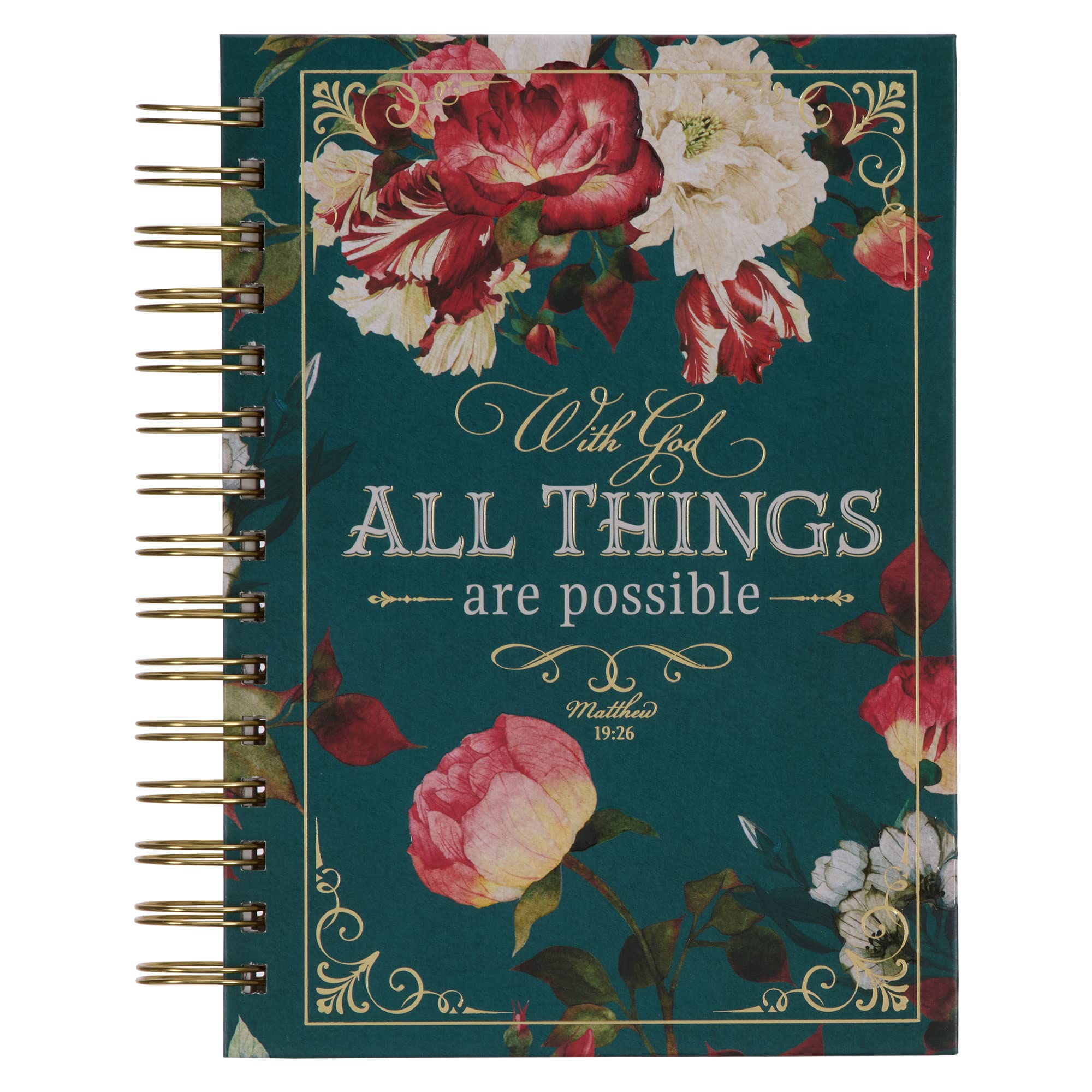 Christian Art Gifts Journal w/Scripture for Women With God All Things Mathew 19:26 Bible Verse Teal/Roses 192 Ruled Pages, Large Hardcover Notebook, Wire Bound Lifestyle