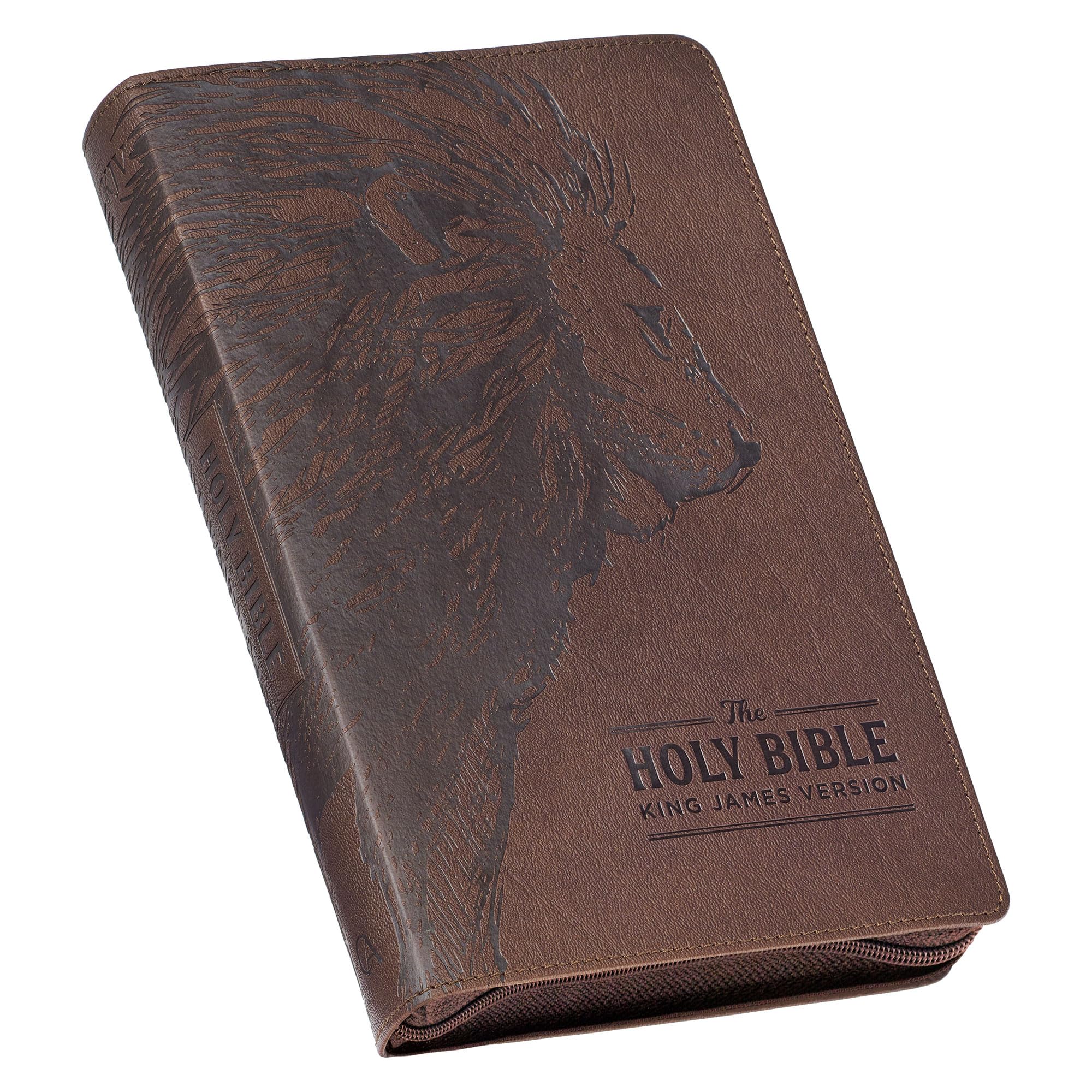 KJV Holy Bible, Standard Size Faux Leather Red Letter Edition - Thumb Index & Ribbon Marker, King James Version, Brown Lion Zipper Closure Religion & Esotericism