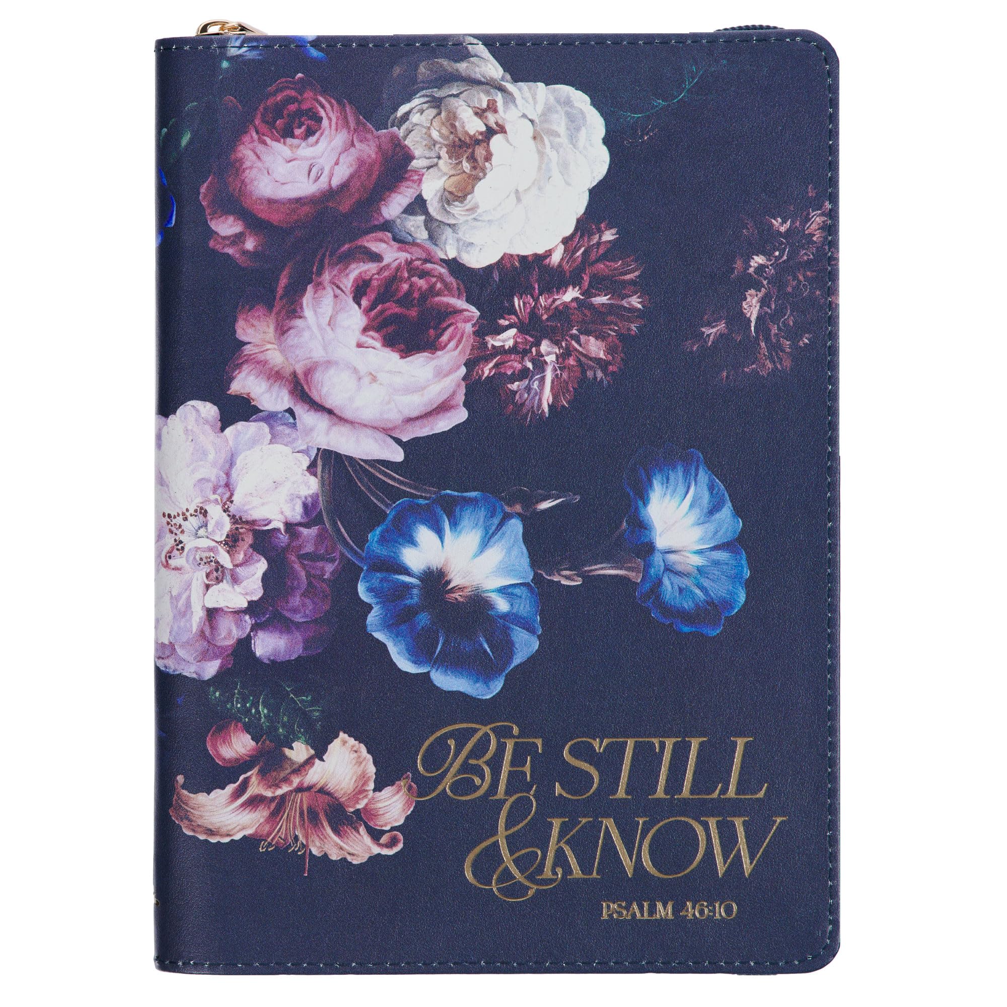 Christian Art Gifts Navy Blue Vegan Leather Zipped Journal, Inspirational Women's Notebook Be Still Scripture, Flexible Cover, 336 Ruled Pages, Ribbon Bookmark, Psalm 46:10 Bible Verse Lifestyle