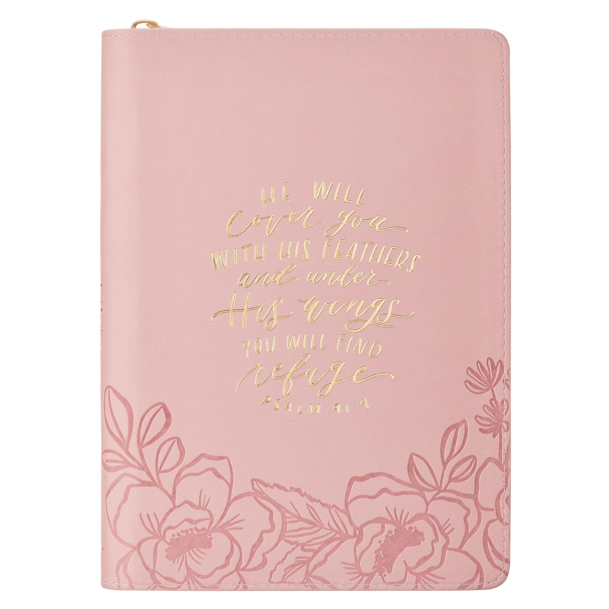 Christian Art Gifts Inspirational Zippered Journal, He Will Cover You Wide Ruled Notebook, Psalm 91:4 Bible Verse, Pink Vegan Leather Floral, 336 Lined Pages w/scripture, (9” x 6.4” x .9”) Lifestyle