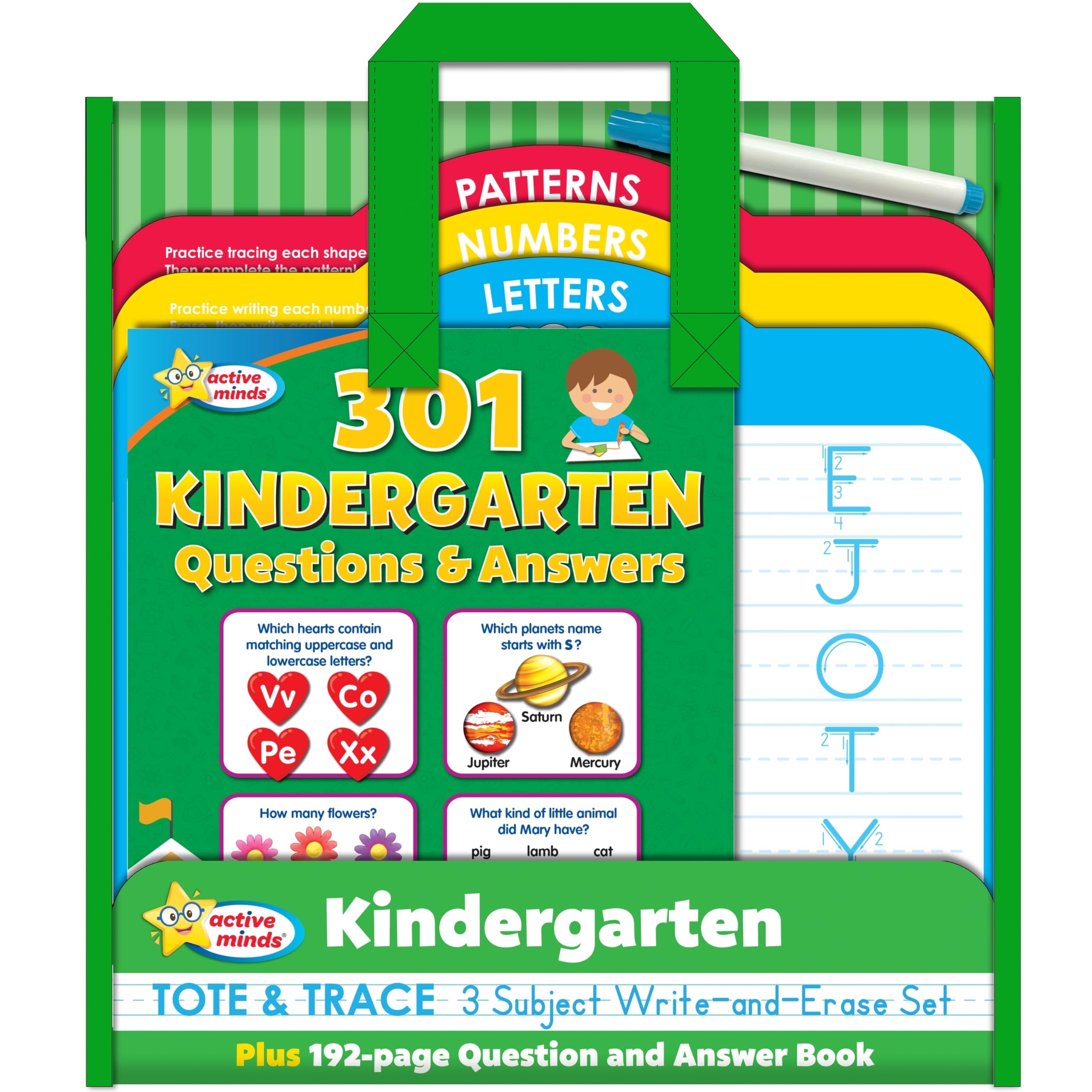Active Minds - Kindergarten Tote & Trace 3 Subject Write-and-Erase Wipe Clean Set and 192 Page Question and Answer Workbook - Language Arts, Math, Science, and More! Non-fiction