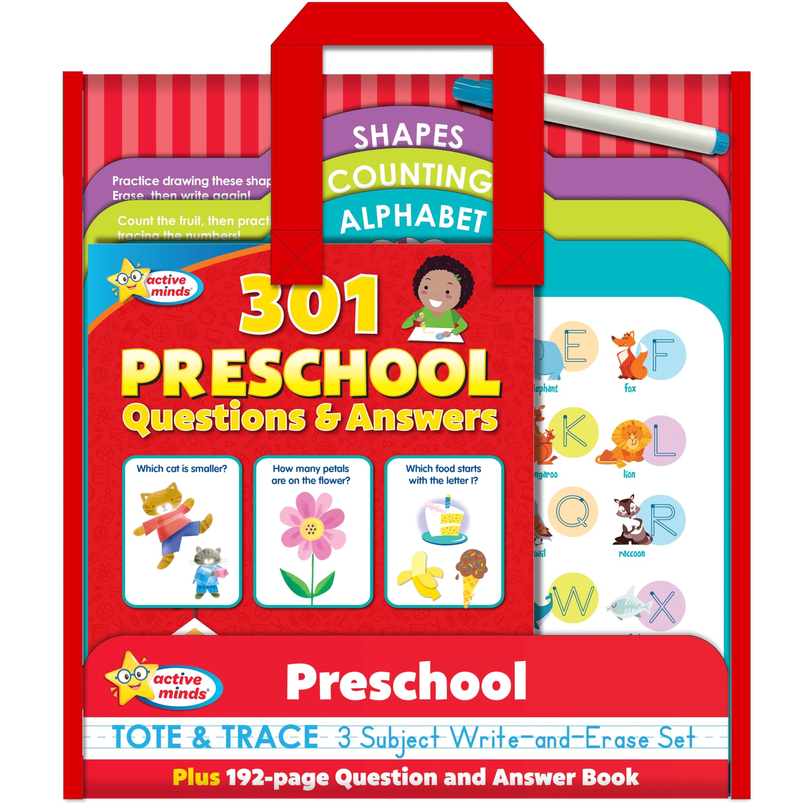Active Minds - Preschool Tote & Trace 3 Subject Write-and-Erase Wipe Clean Set and 192 Page Question and Answer Workbook - Language Arts, Math, Science, and More! Non-fiction