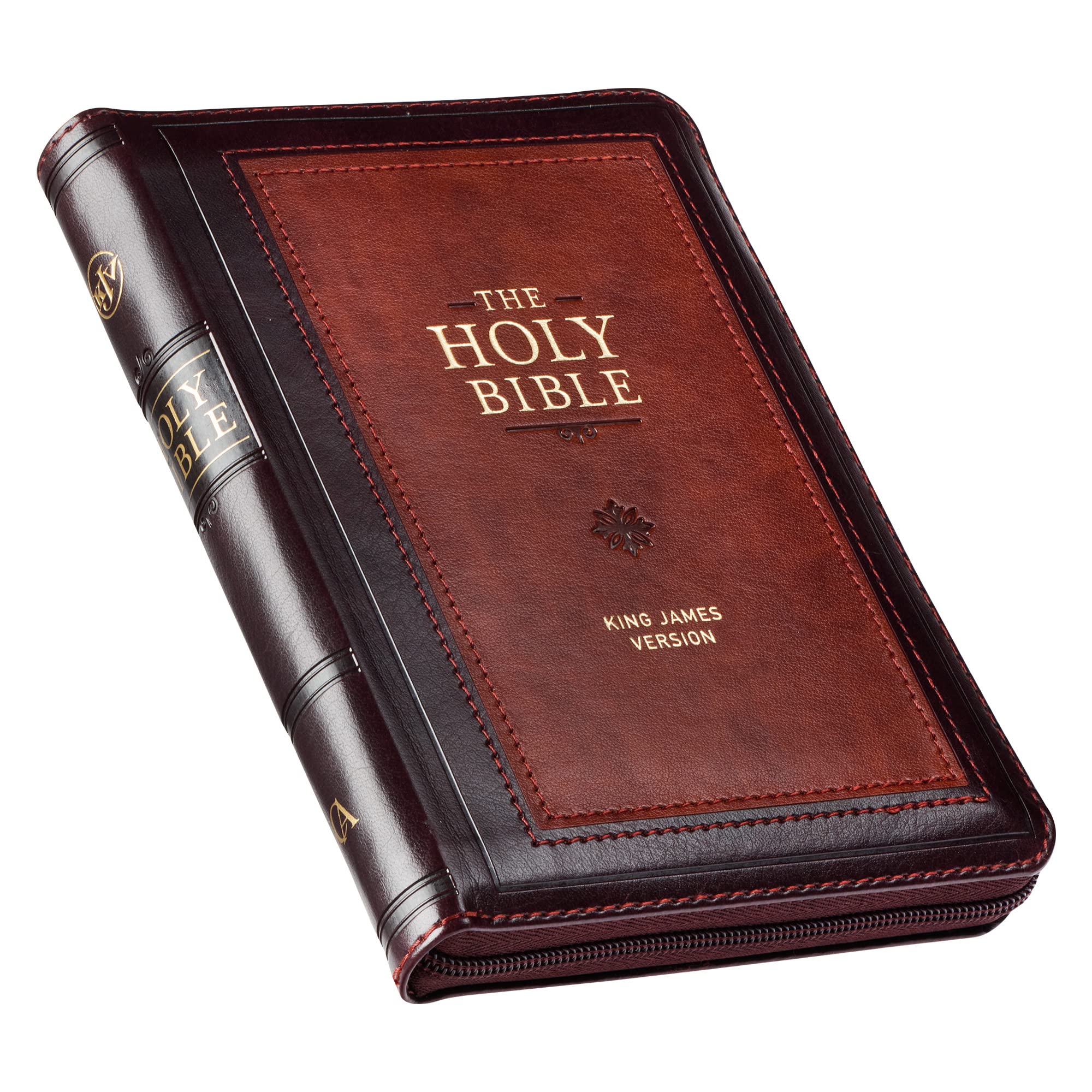 KJV Holy Bible, Compact Faux Leather Red Letter Edition - Ribbon Marker, King James Version, Burgundy/Saddle Tan, Zipper Closure Religion & Esotericism