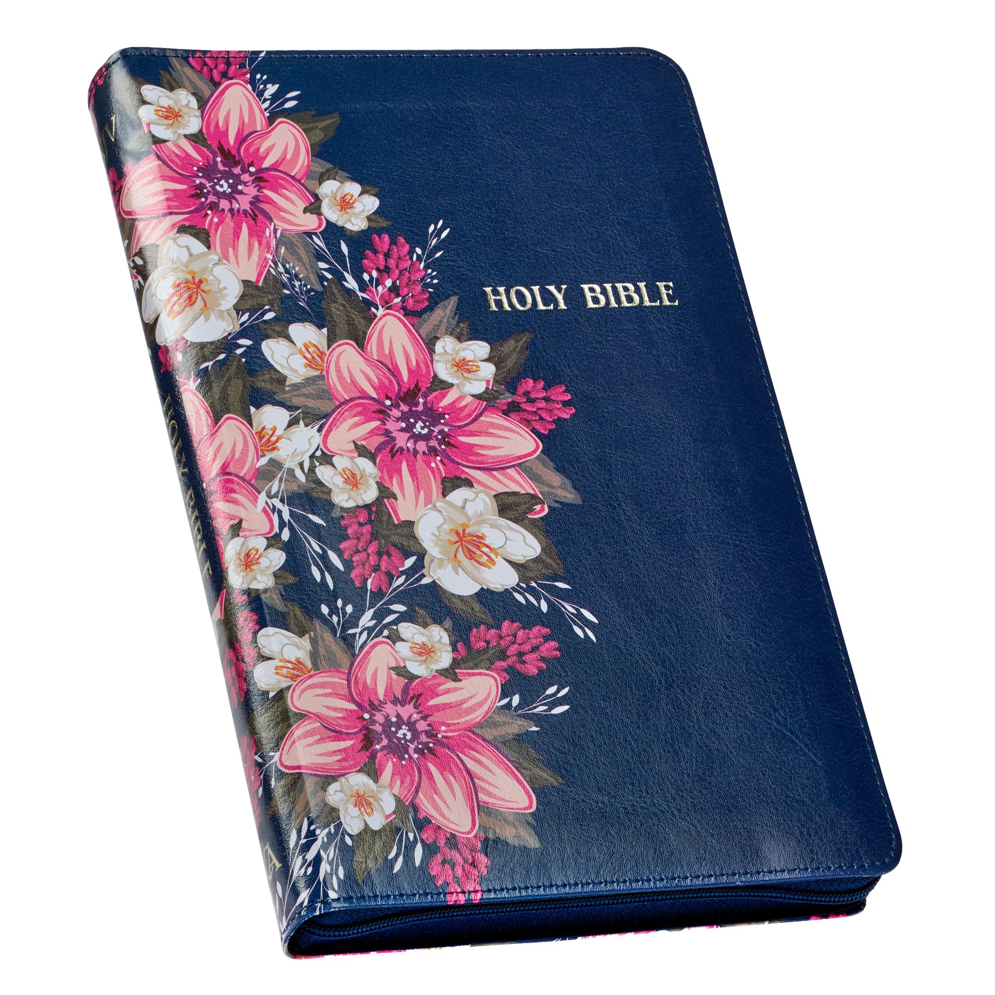KJV Holy Bible Standard Size Faux Leather Red Letter Edition Thumb Index & Ribbon Marker, King James Version, Blue Floral, Zipper Closure Religion & Esotericism
