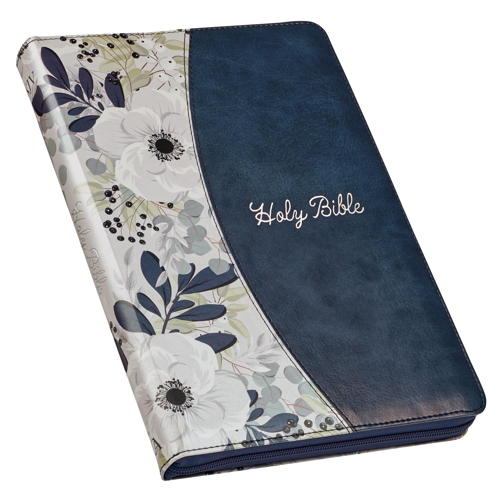 KJV Holy Bible, Thinline Large Print Faux Leather Red Letter Edition Thumb Index Ribbon Marker, King James Version, Blue Printed Floral, Zipper Closure Religion & Esotericism