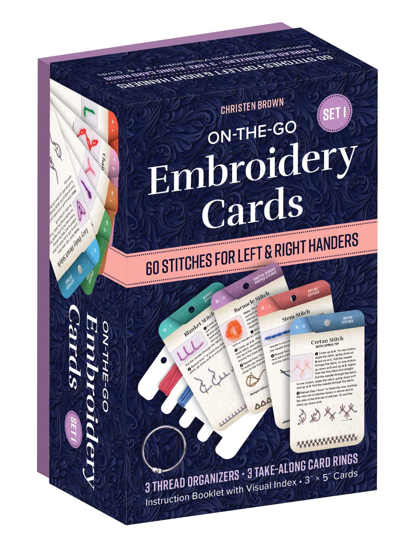 On-the-go Embroidery Cards Set 1: 60 Stitches for Left & Right Handers, 3 Thread Organizers, 3 Take-along Rings Hobbies & Crafts