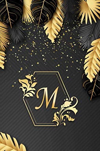 M Letter Initial Monogram Notebook: Pretty Dark Gray & Gold leafes Confetti Glitter Monogrammed Blank Lined Notebook, Writing Pad, Journal or Diary, ... Kids, Girls & Women – 120 Pages – Size 6x9 Manga