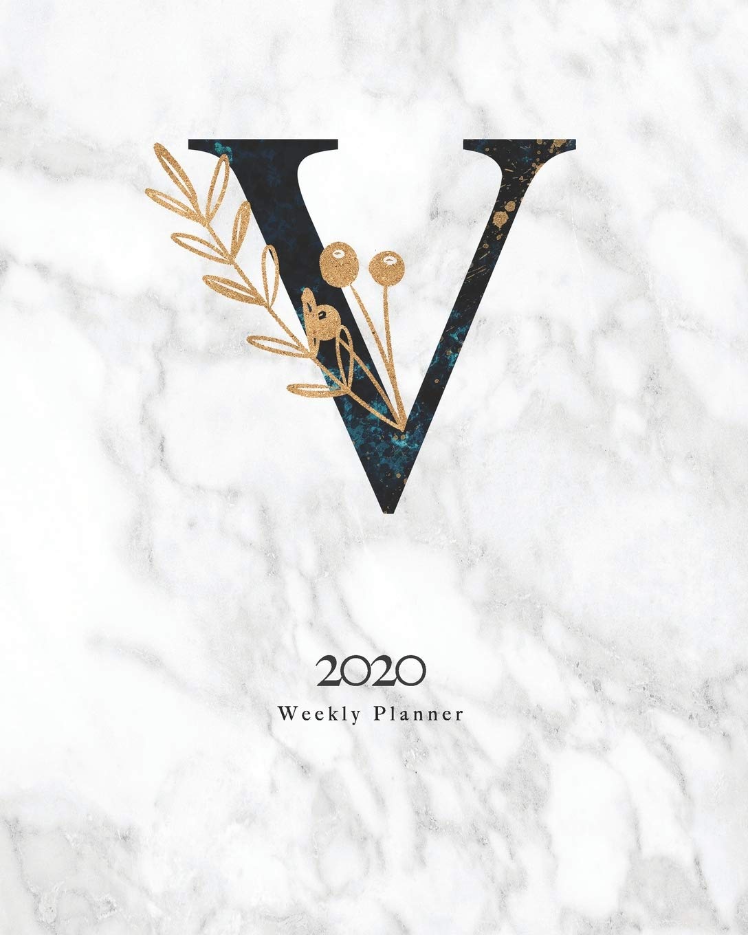 2020 Weekly Planner: Black & Blue Abstract Monogram Planner With Letter "V" on Luxury Gray Marble Books