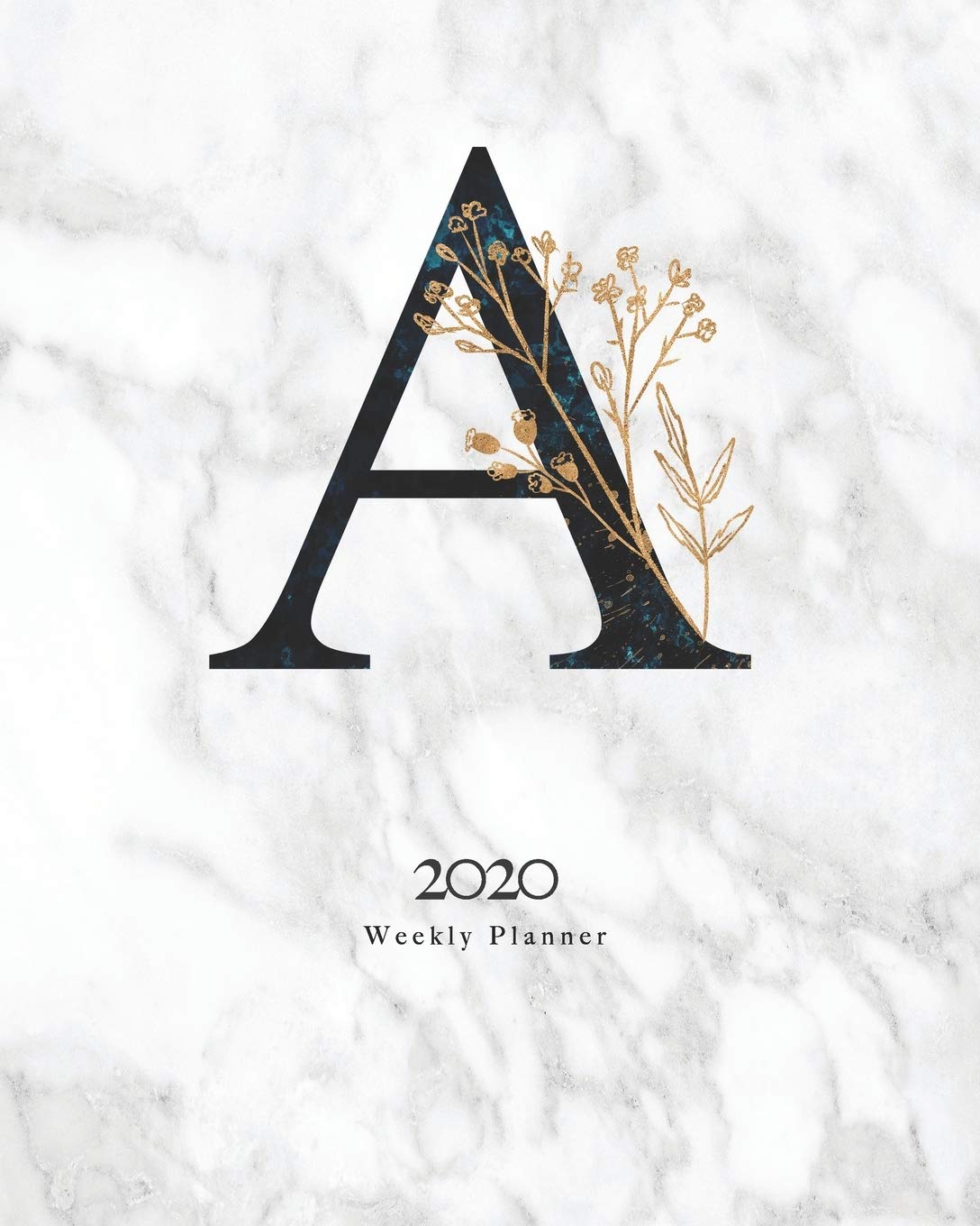 2020 Weekly Planner: Black & Blue Abstract Monogram Planner With Letter "A" on Luxury Gray Marble Books
