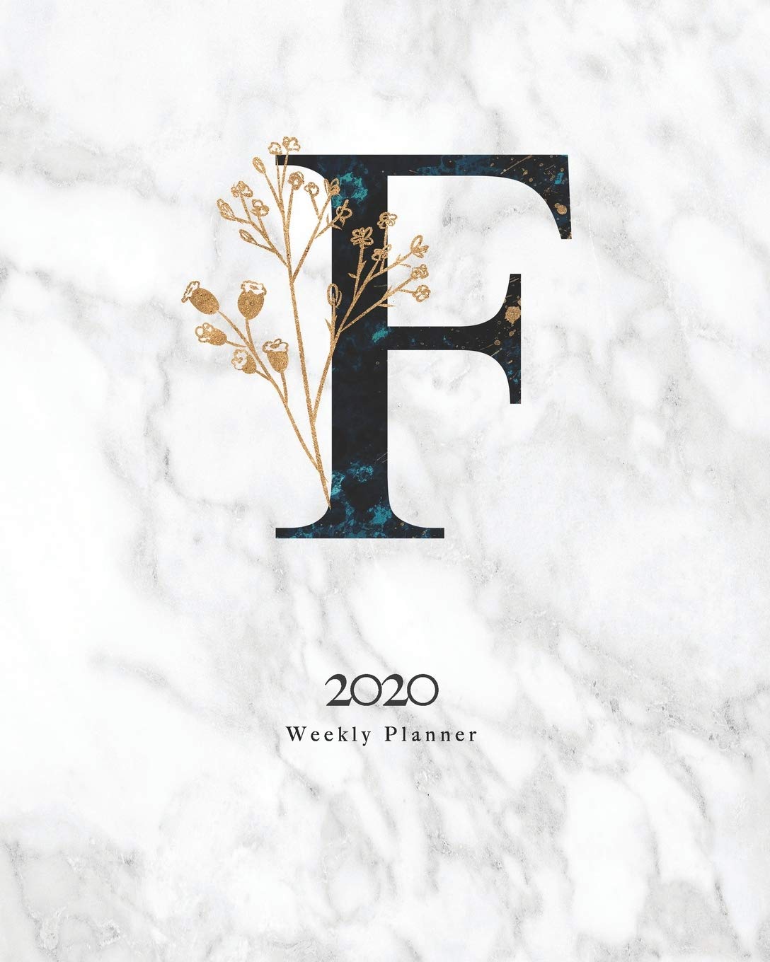 2020 Weekly Planner: Black & Blue Abstract Monogram Planner With Letter "F" on Luxury Gray Marble Books