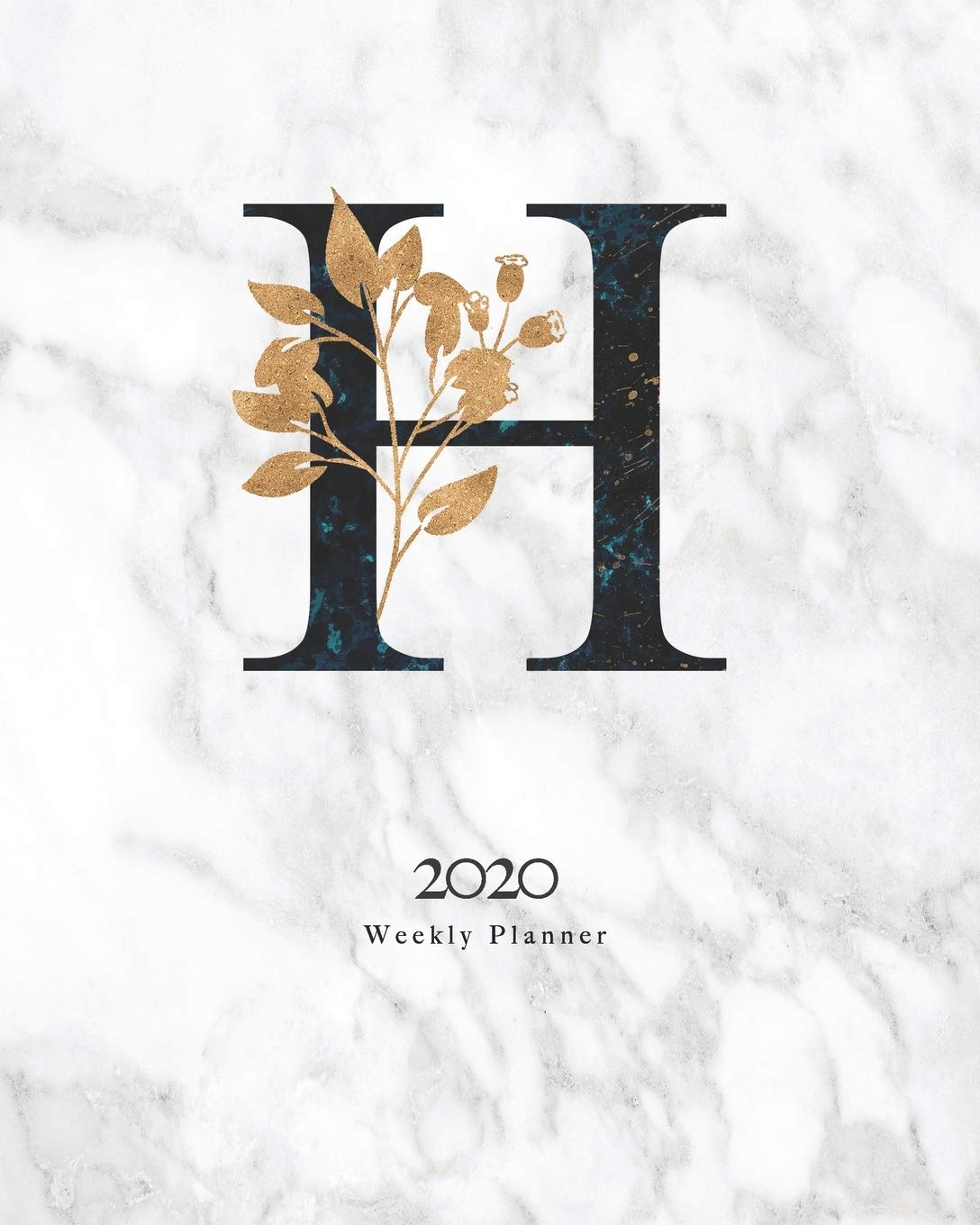 2020 Weekly Planner: Black & Blue Abstract Monogram Planner With Letter "H" on Luxury Gray Marble Books